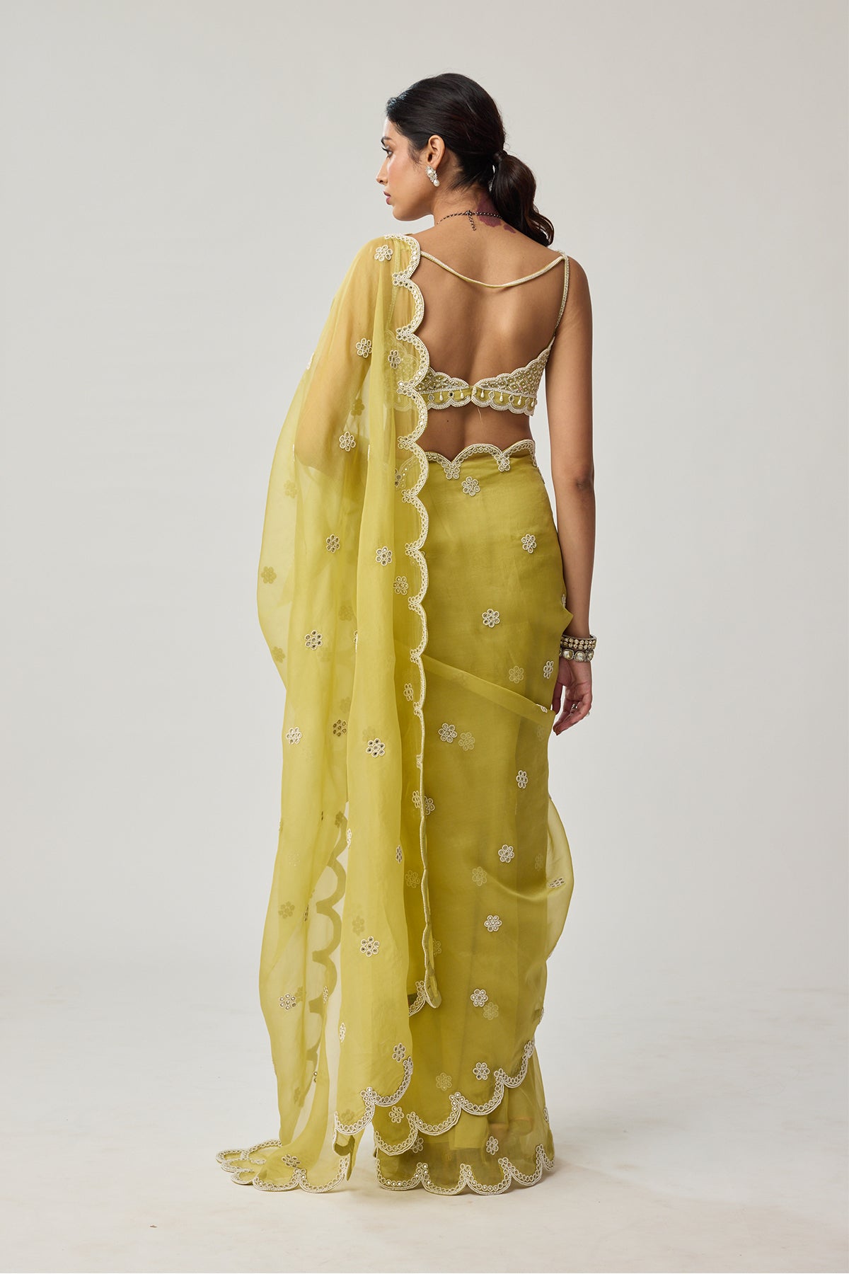 Fern Green Organza Mirror and Pearl saree set