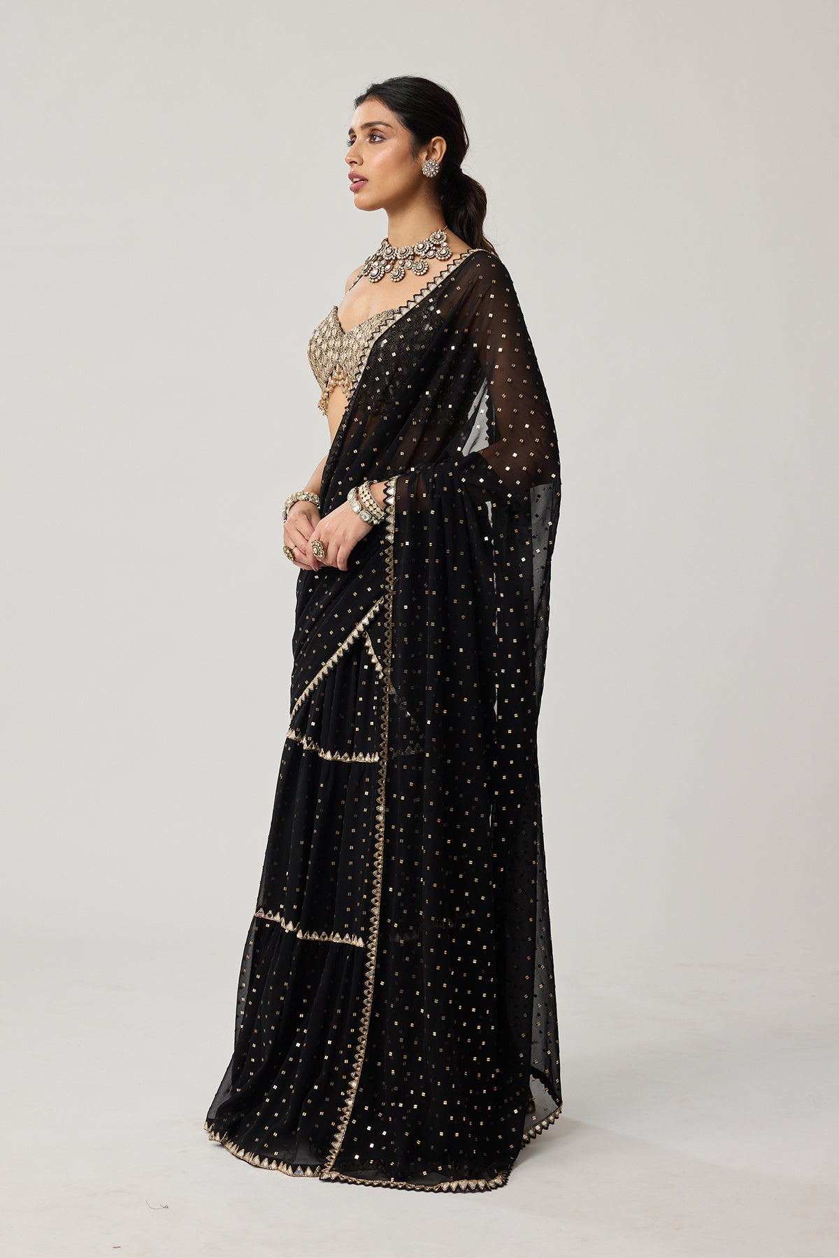 Black Georgette Multi-tier Saree Set