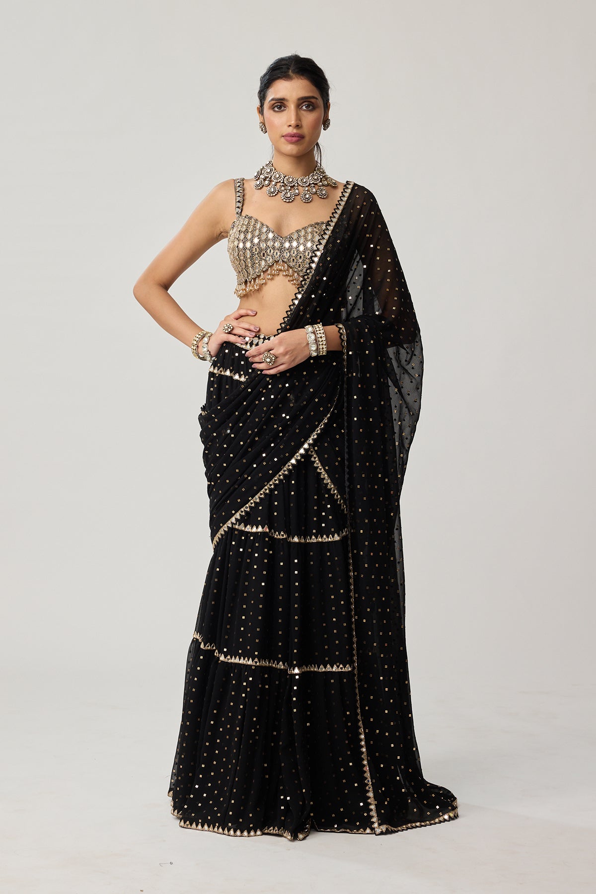 Black Georgette Multi-tier Saree Set