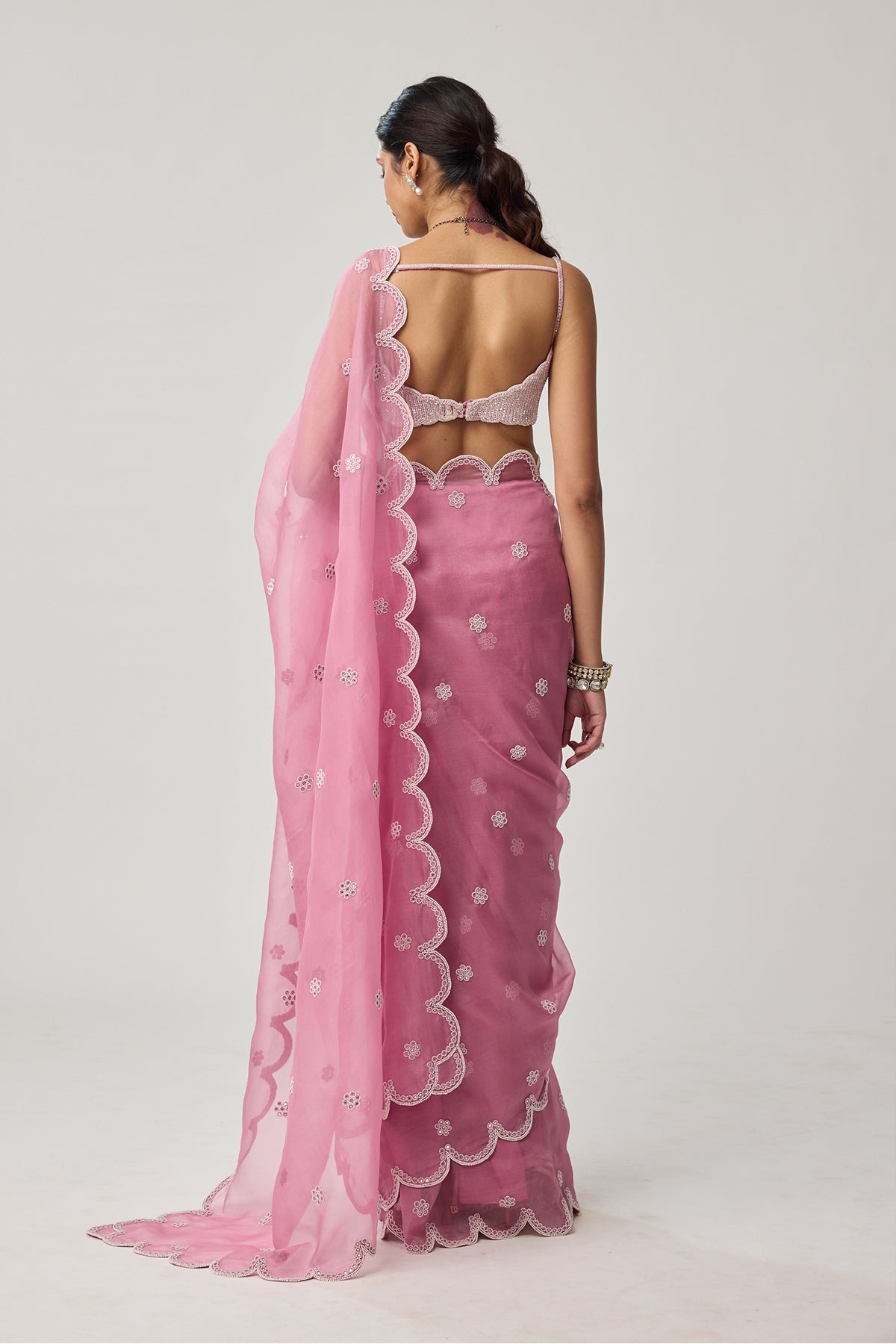 Onion Pink Organza Pearl saree set