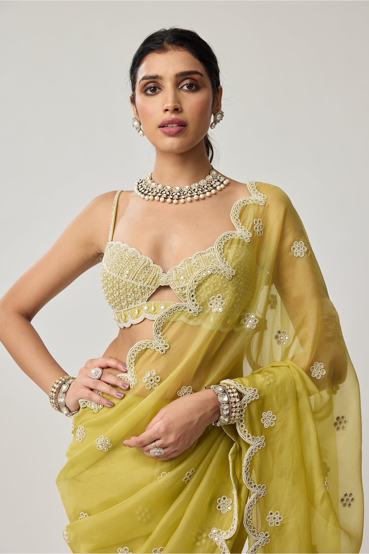 Fern Green Organza Mirror and Pearl saree set