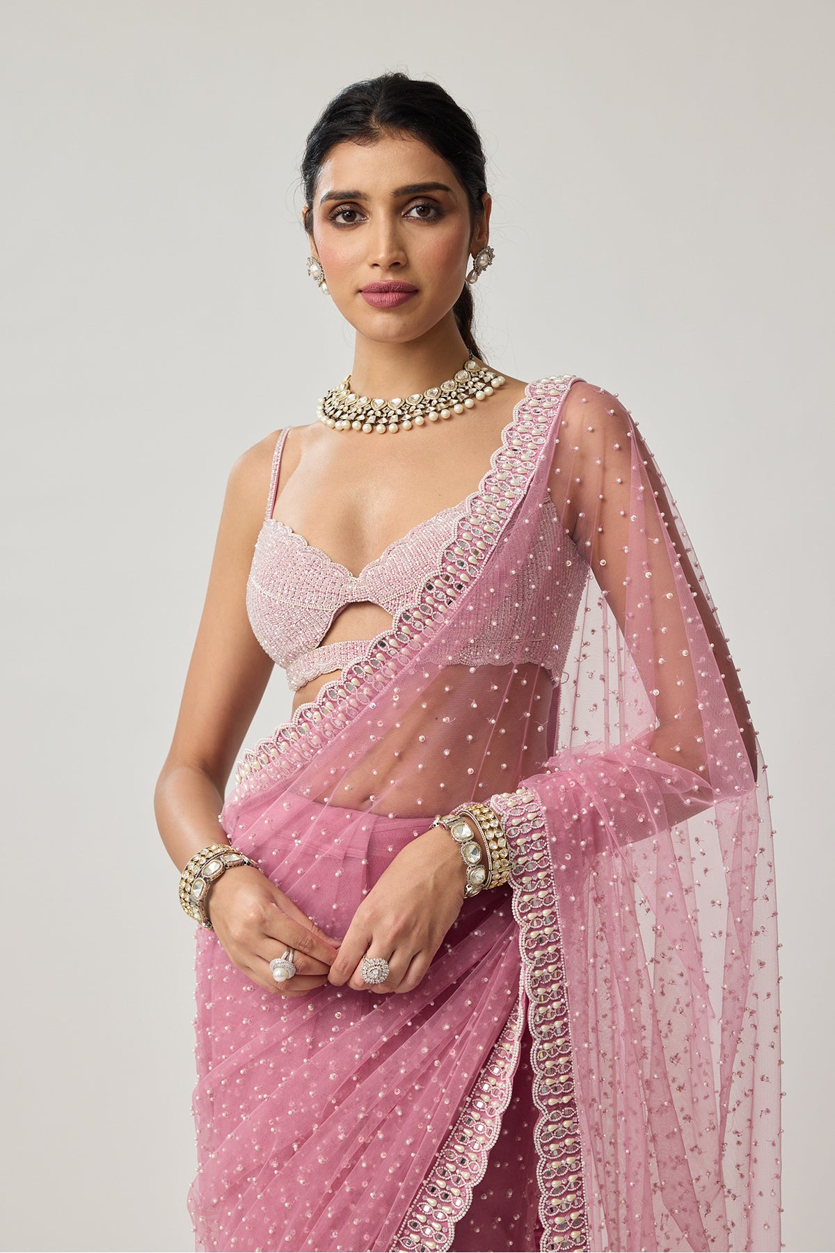 Onion Pink Pearl Scattered Net saree set