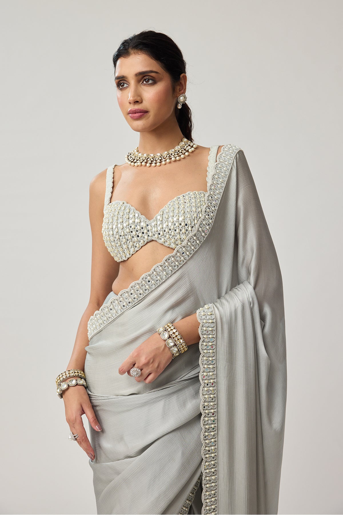 Powder Grey Chiffon Pearl and Mirror saree set