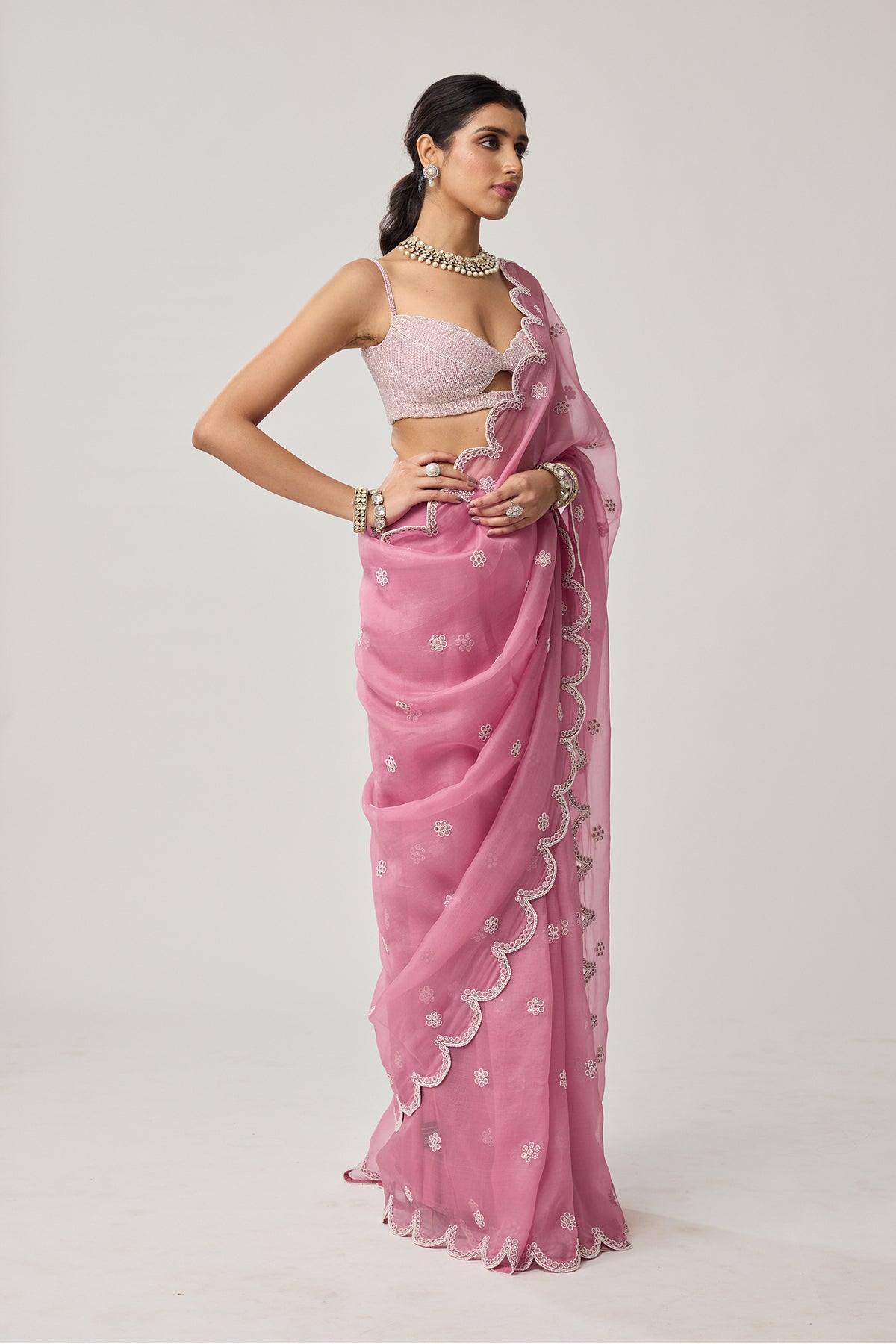 Onion Pink Organza Pearl saree set