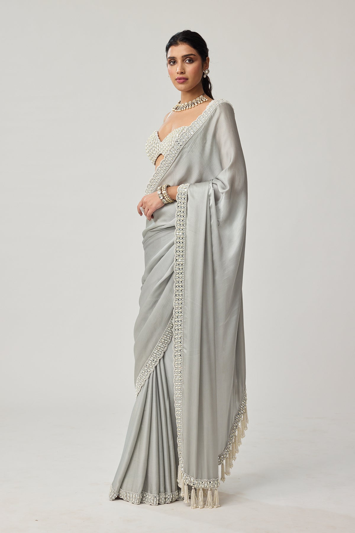 Powder Grey Chiffon Pearl and Mirror saree set