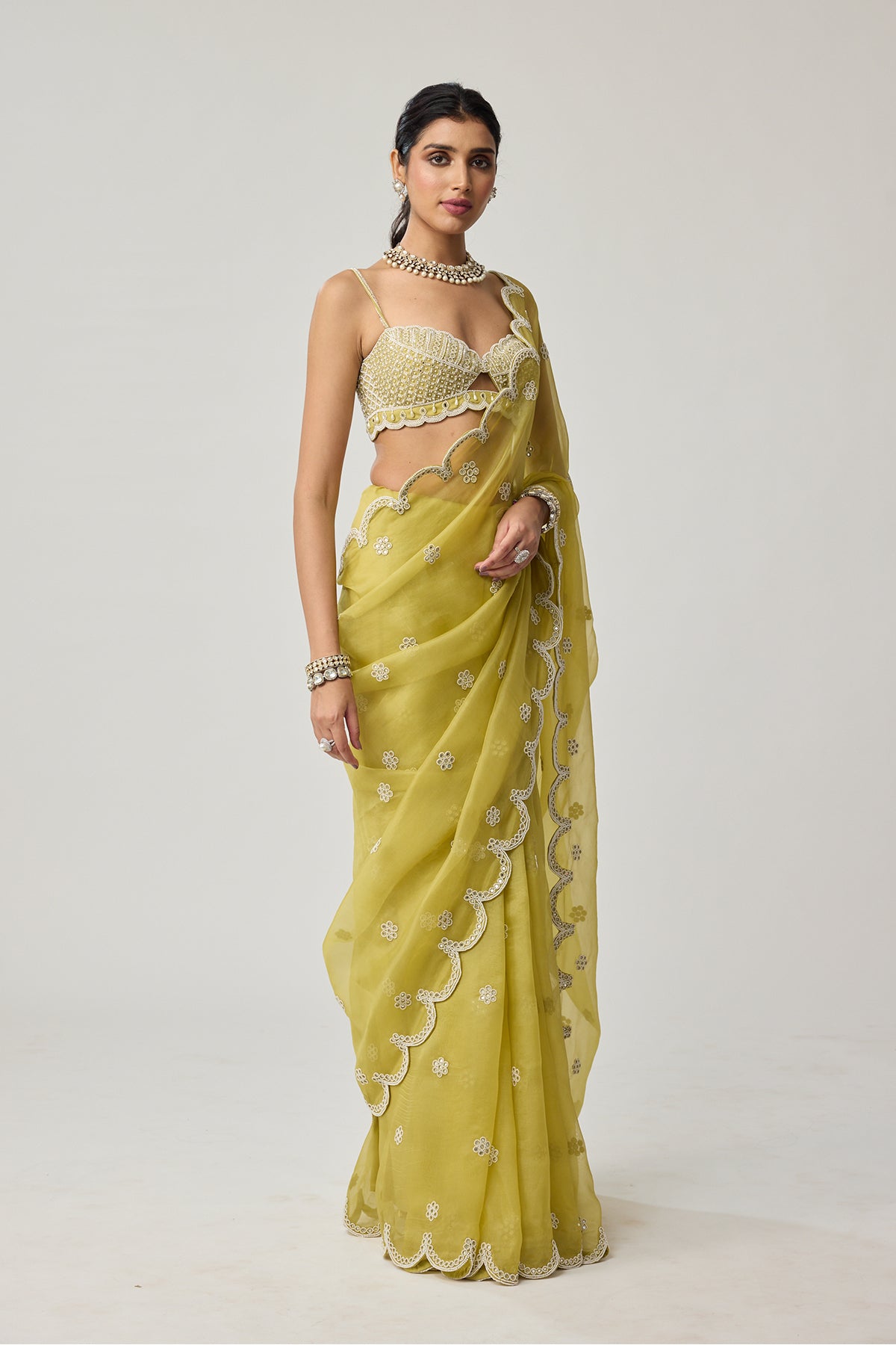 Fern Green Organza Mirror and Pearl saree set