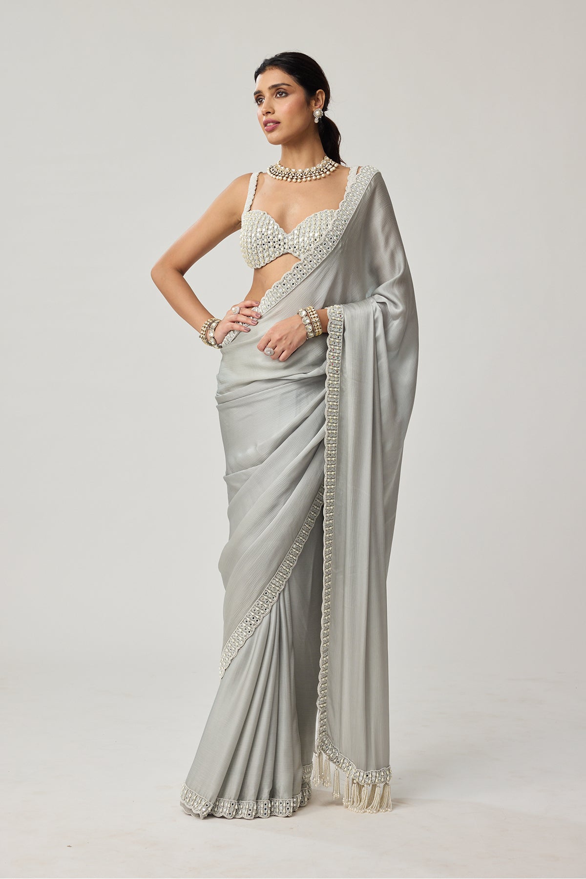 Powder Grey Chiffon Pearl and Mirror saree set