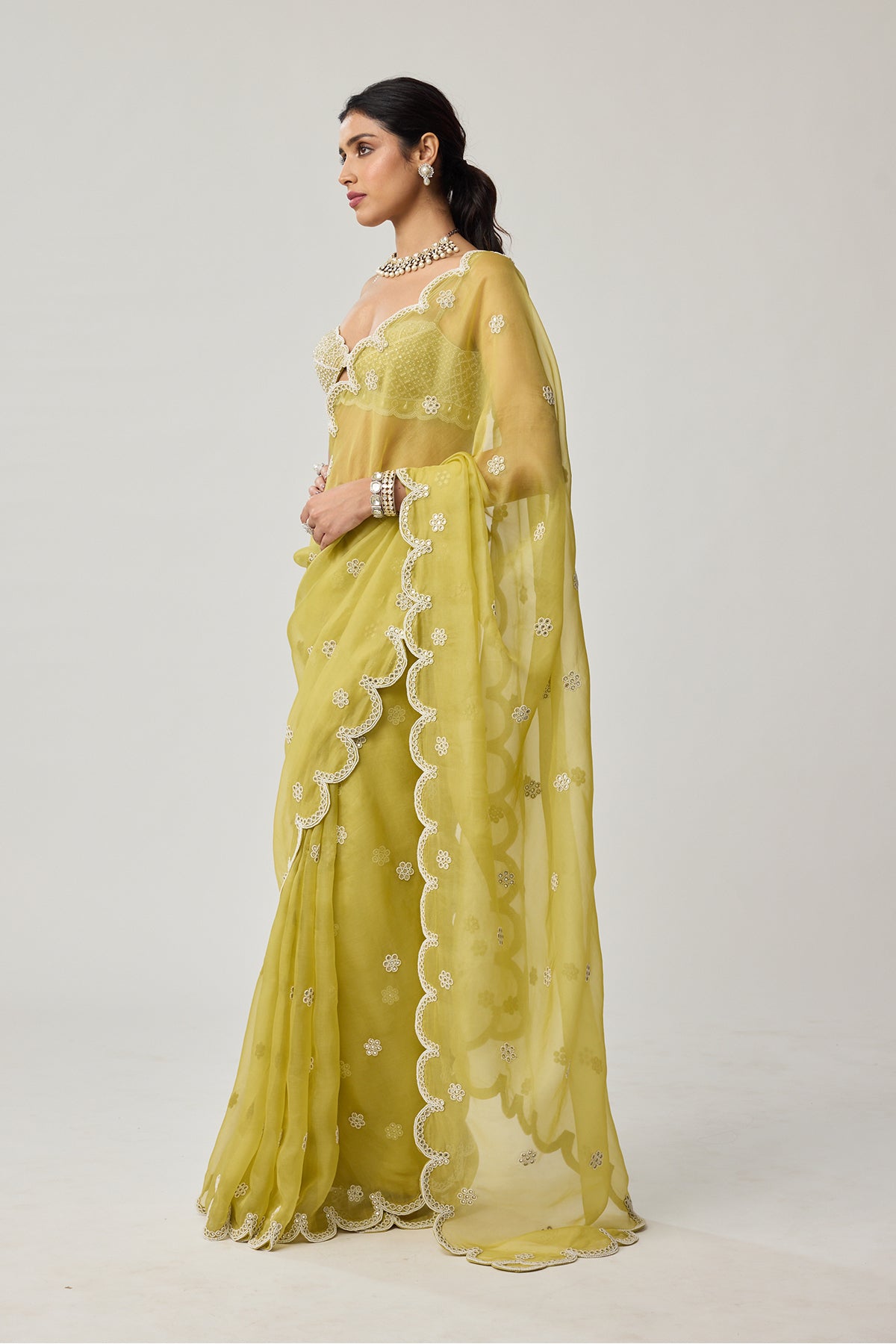 Fern Green Organza Mirror and Pearl saree set