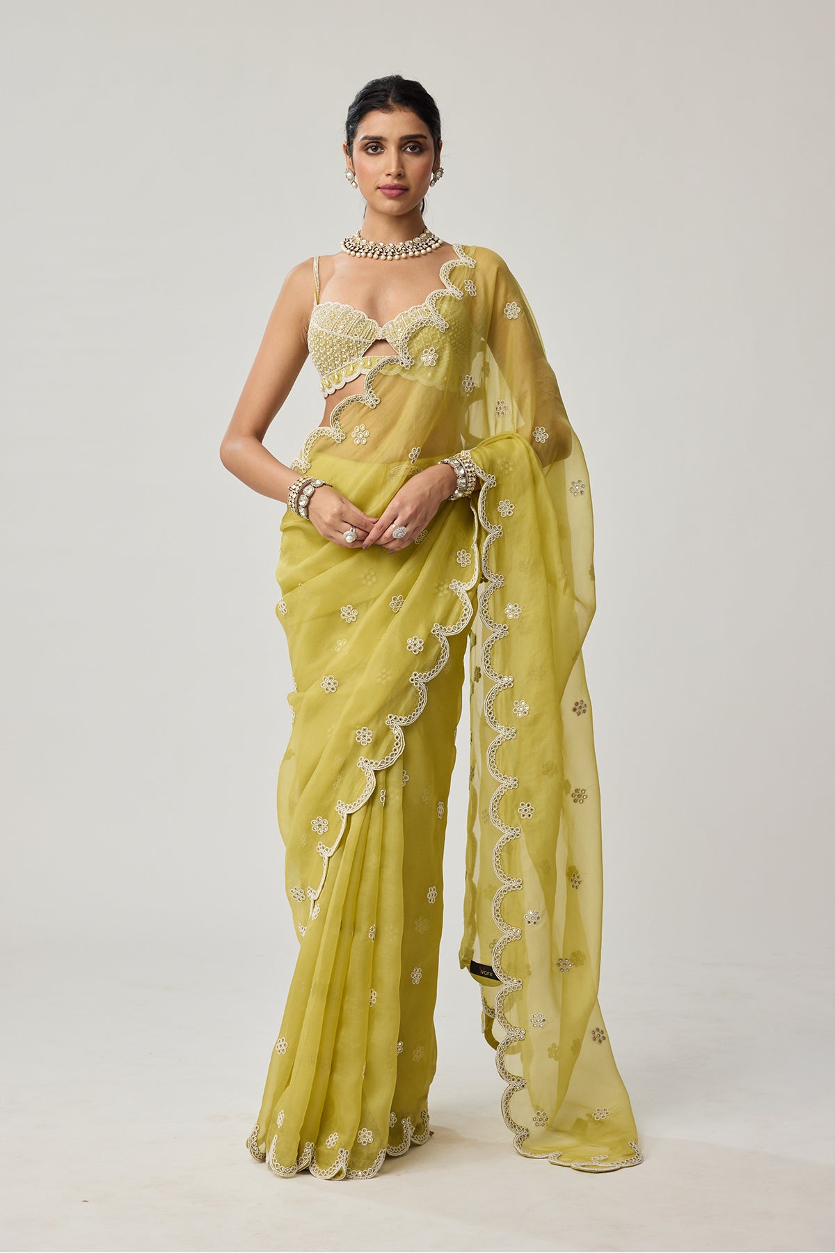 Fern Green Organza Mirror and Pearl saree set