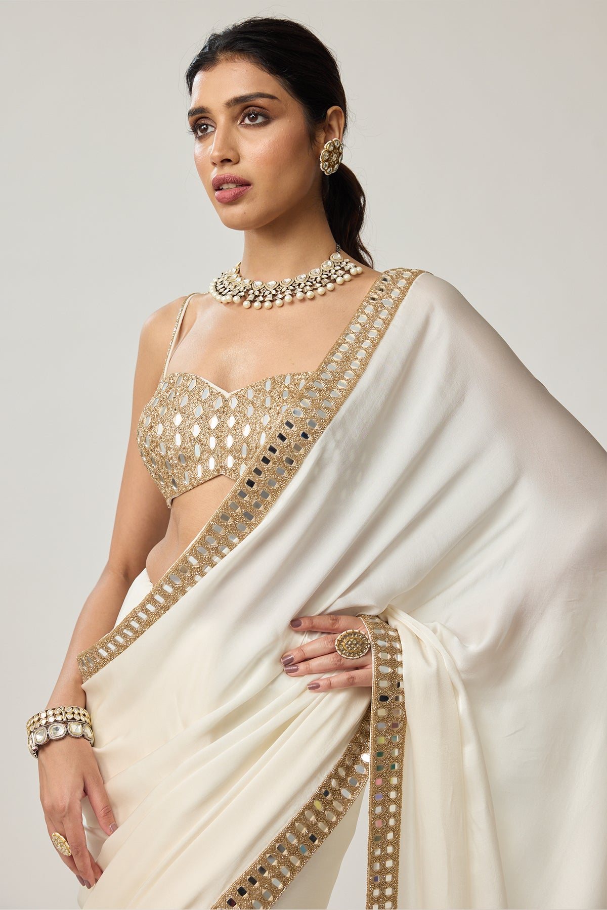 Off White Mirror Satin Saree Set