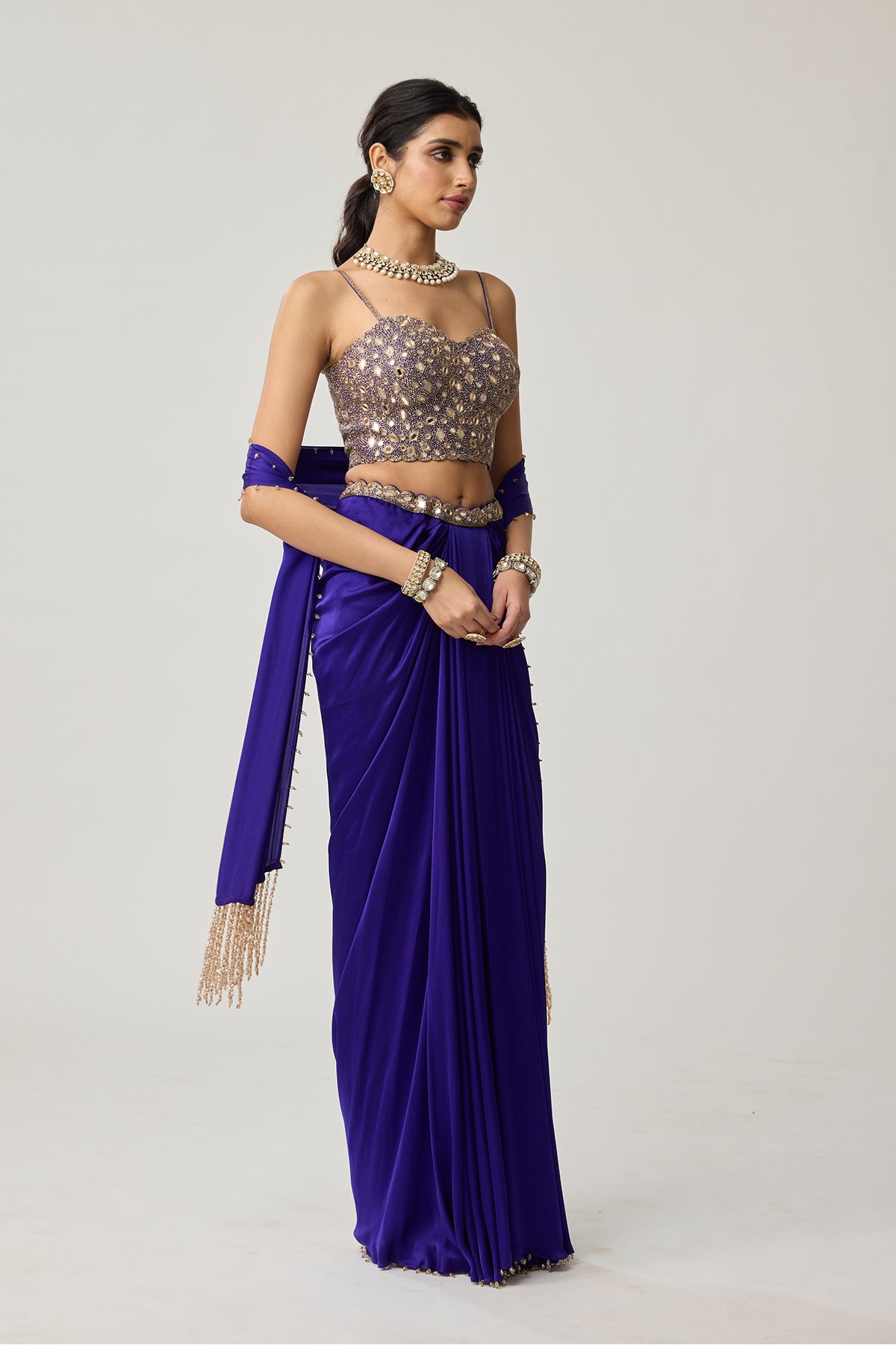 Persian Blue Mirror Corset Satin draped skirt Set