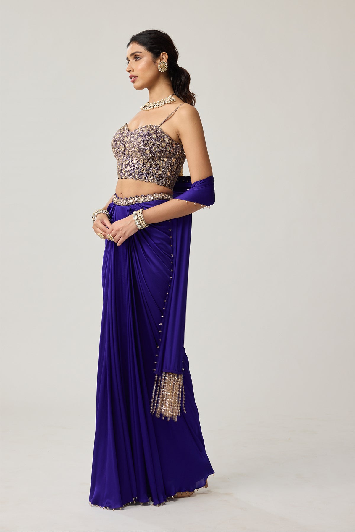 Persian Blue Mirror Corset Satin draped skirt Set