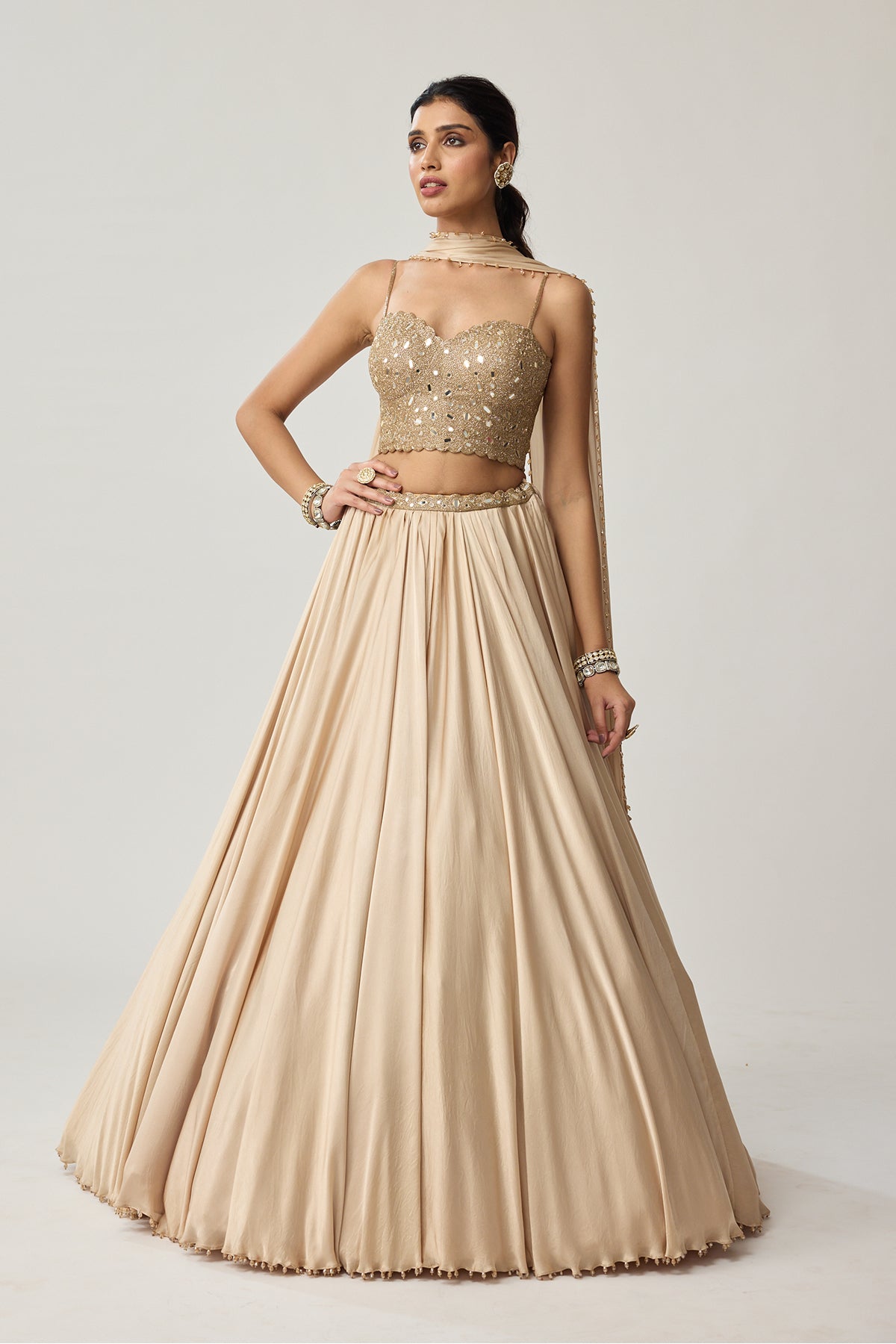 Light Beige Mirror Corset Satin skirt Set