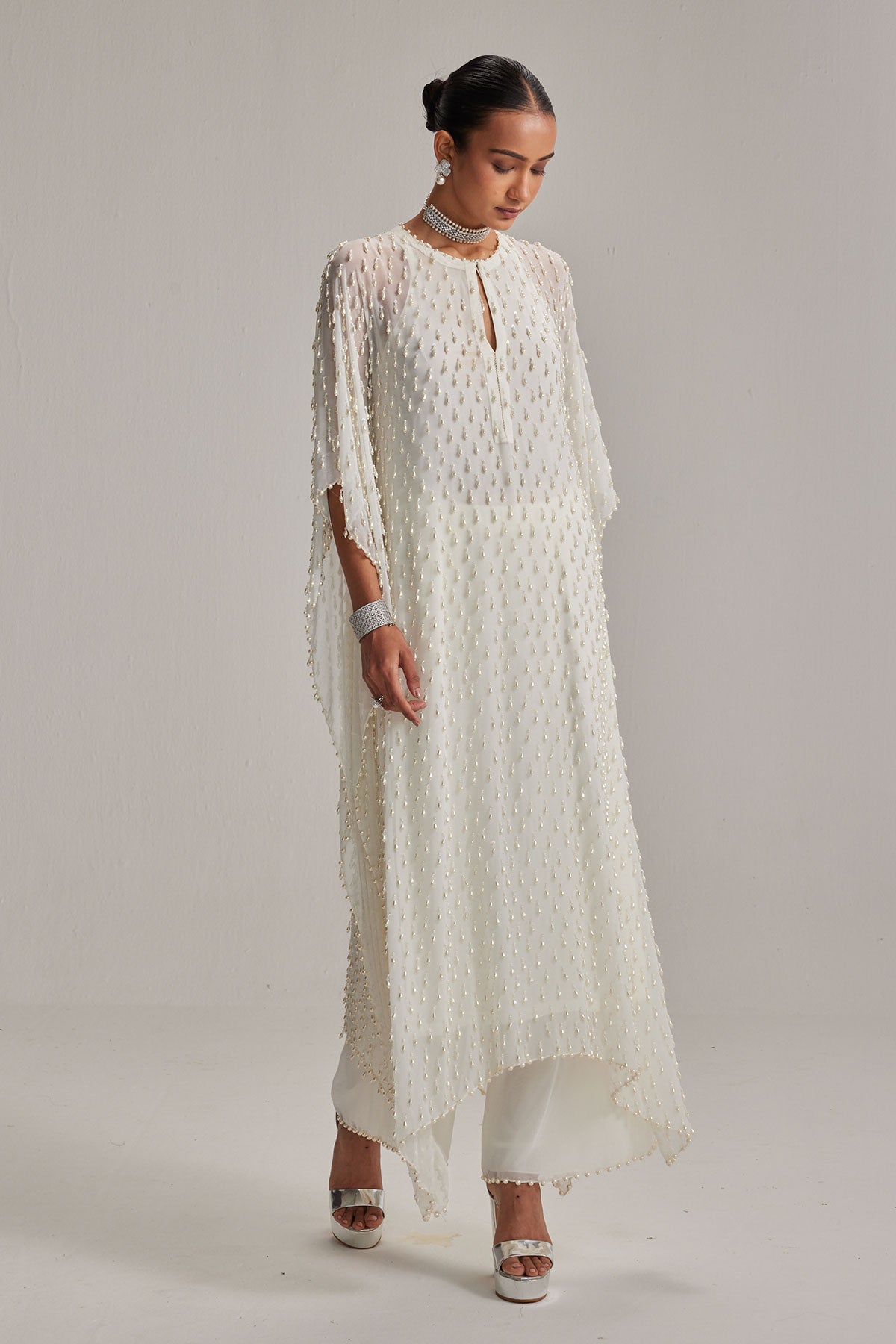 Off White Pearl Drop Kaftaan set
