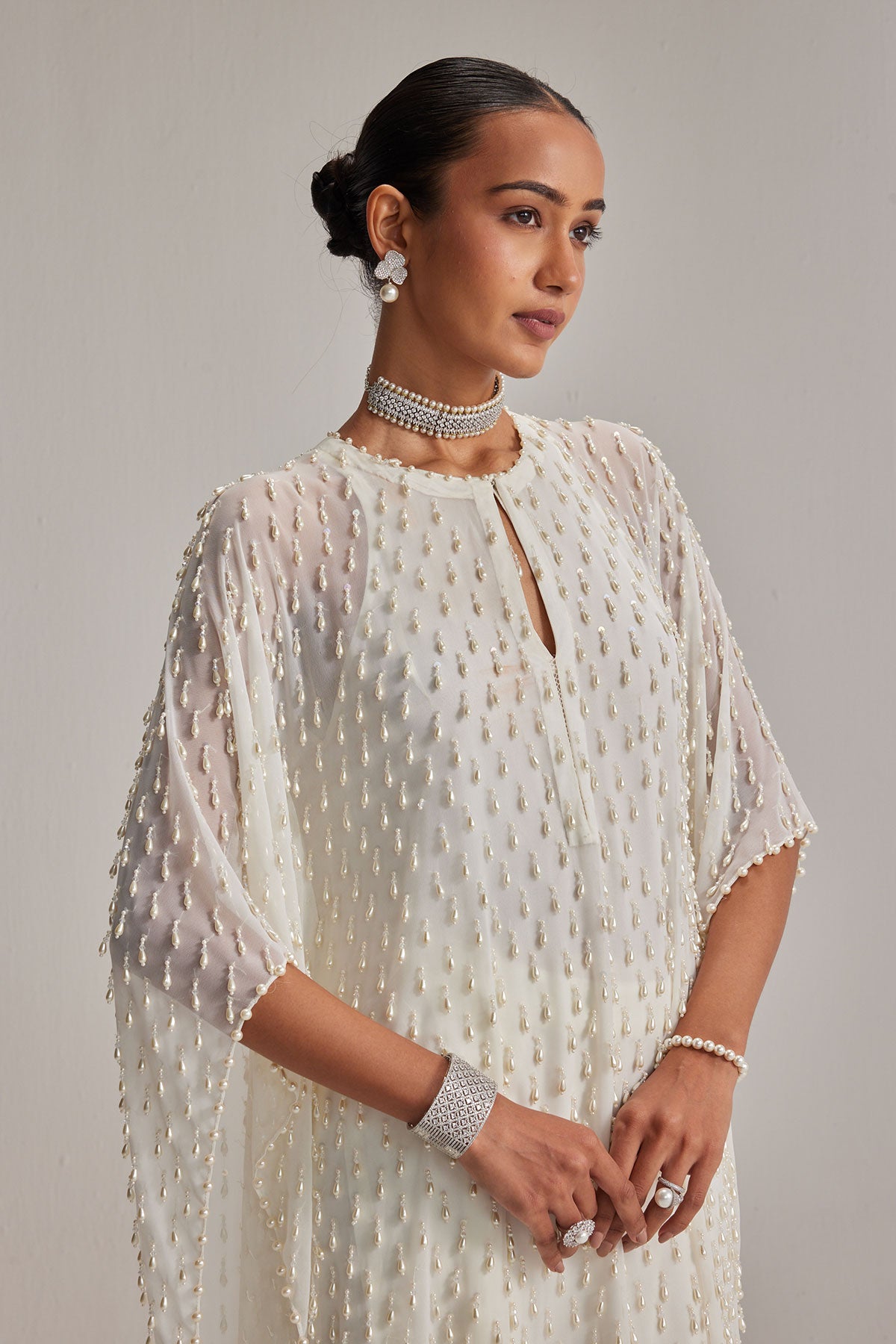 Off White Pearl Drop Kaftaan set