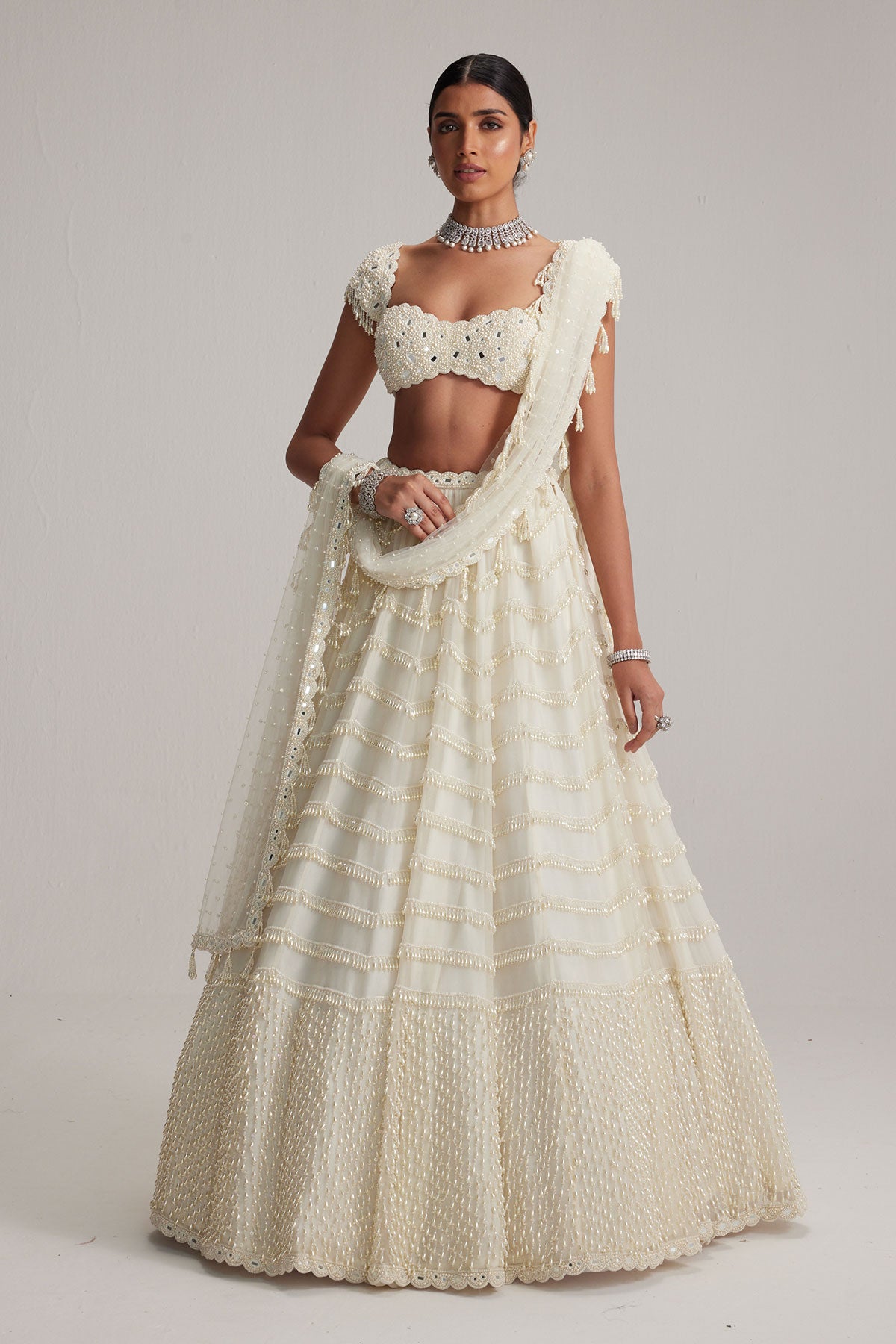 Off White Mirror and Pearl Drop Bridal lehenga set