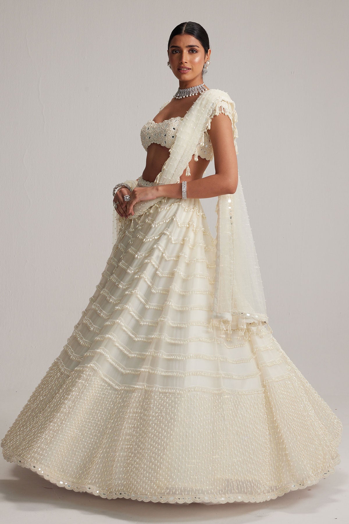 Off White Mirror and Pearl Drop Bridal lehenga set