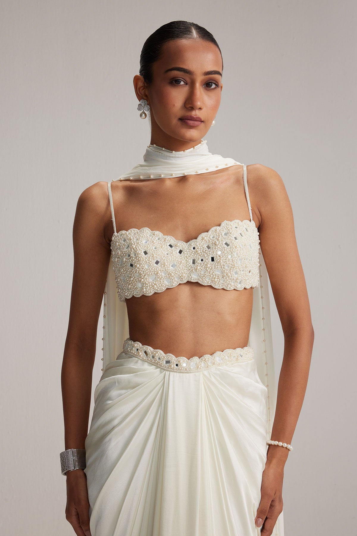 Off White Satin Draped Skirt Set