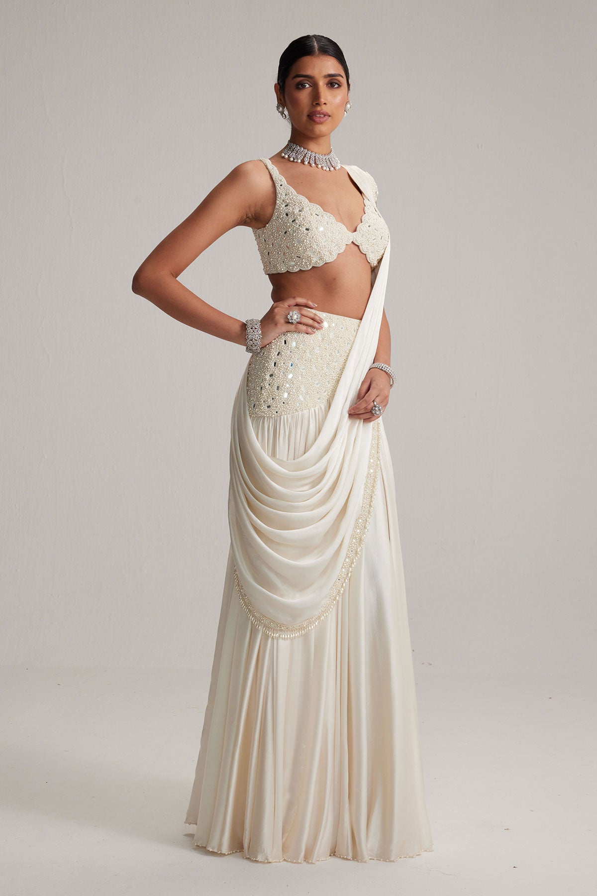 Off White Pearl and Mirror Embroidered satin draped saree set