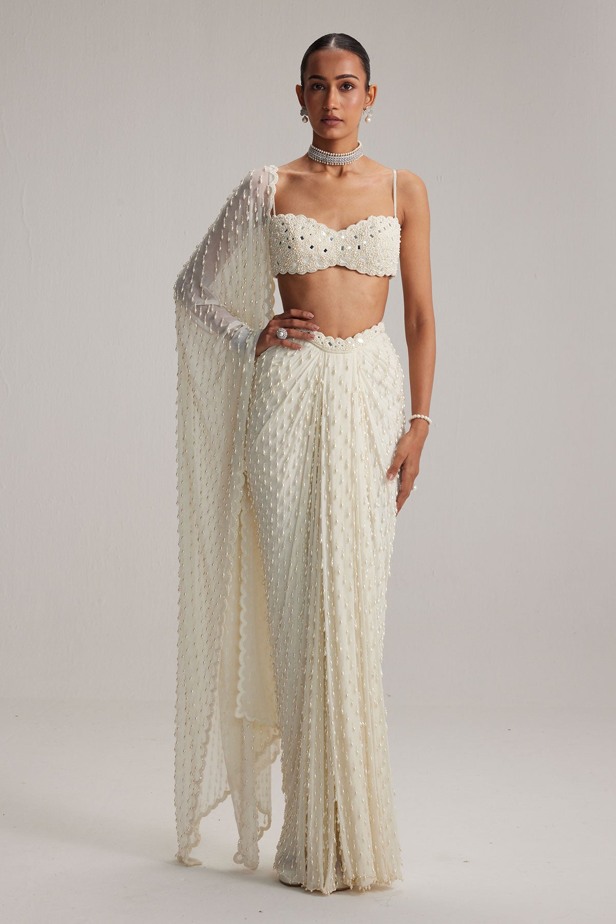 Pearl White Dense Drop Draped Skirt set