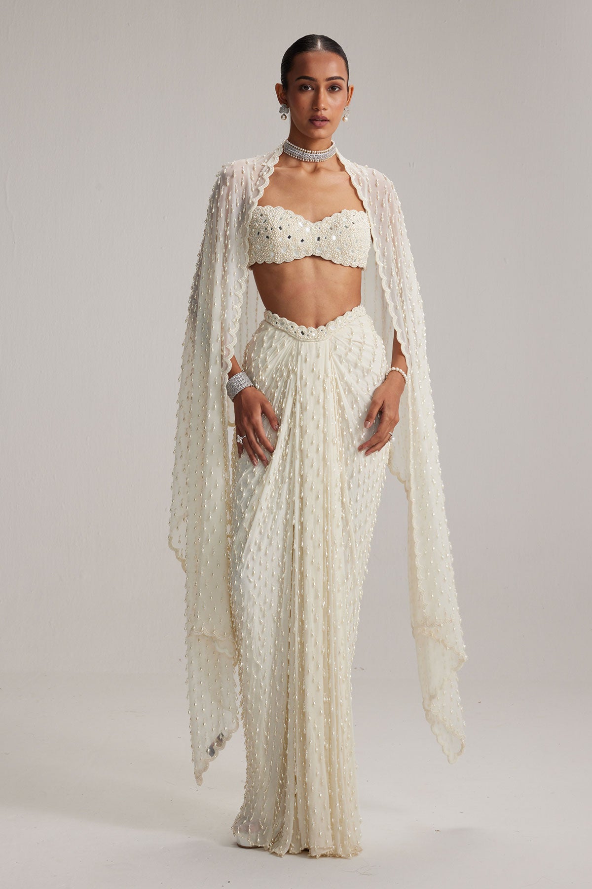 Pearl White Dense Drop Draped Skirt set