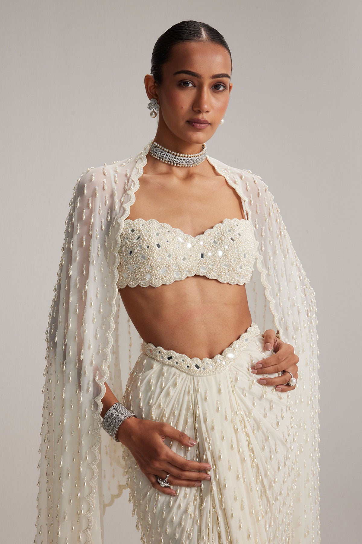 Pearl White Dense Drop Draped Skirt set