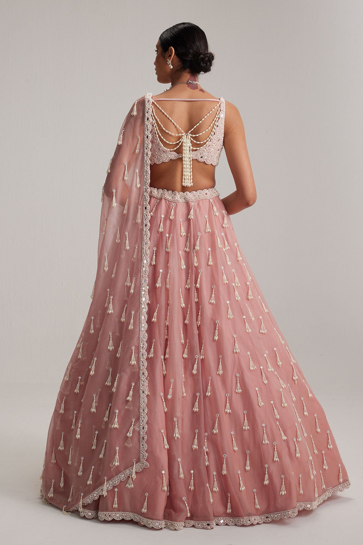 Dusty Rose Organza Long pearl tassels lehenga set