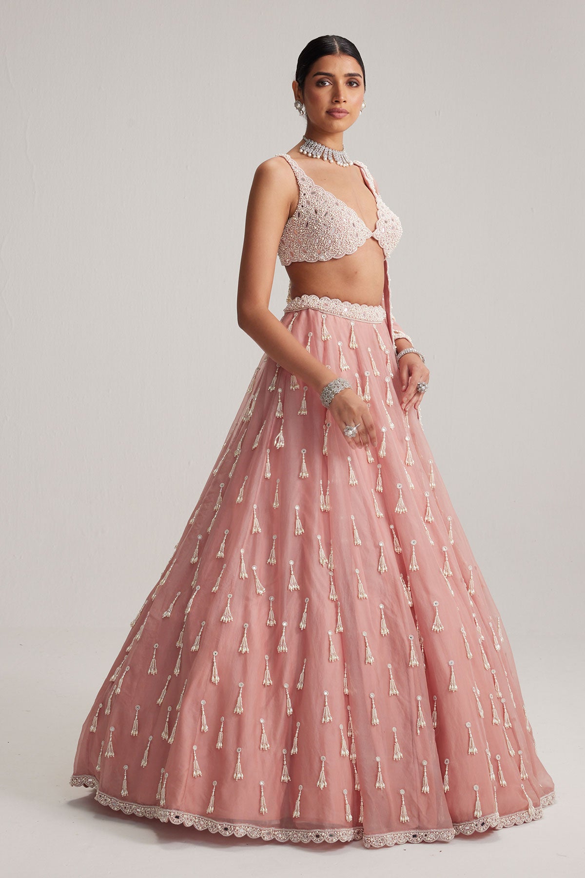 Dusty Rose Organza Long pearl tassels lehenga set