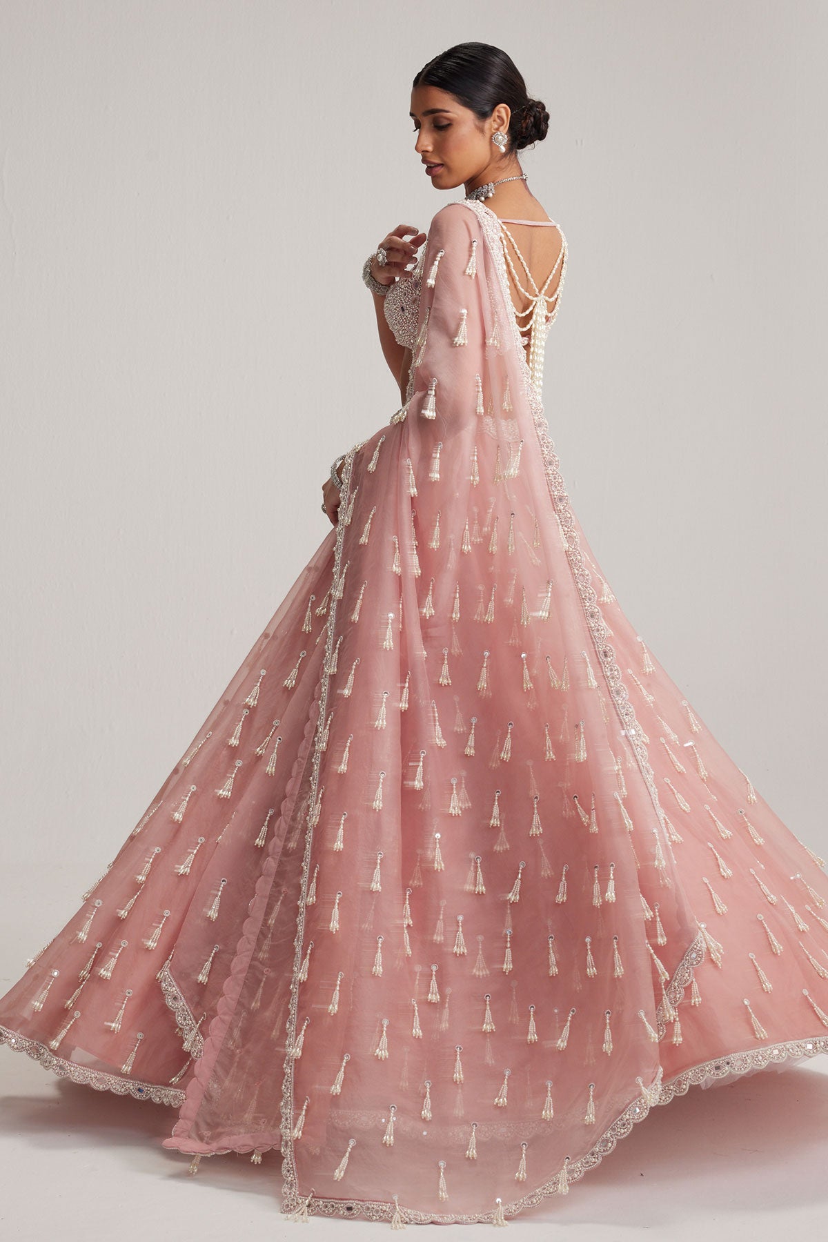 Dusty Rose Organza Long pearl tassels lehenga set
