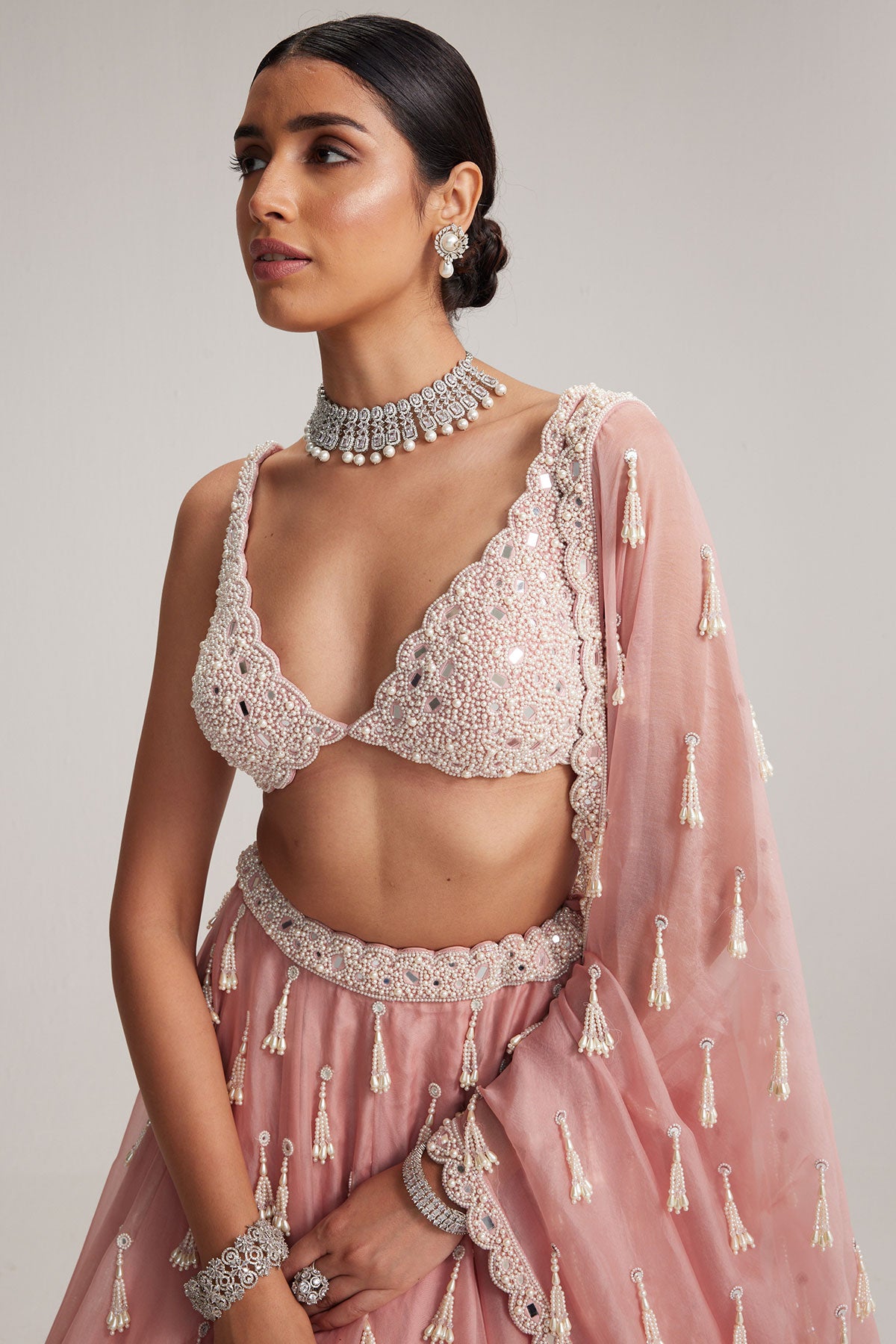 Dusty Rose Organza Long pearl tassels lehenga set