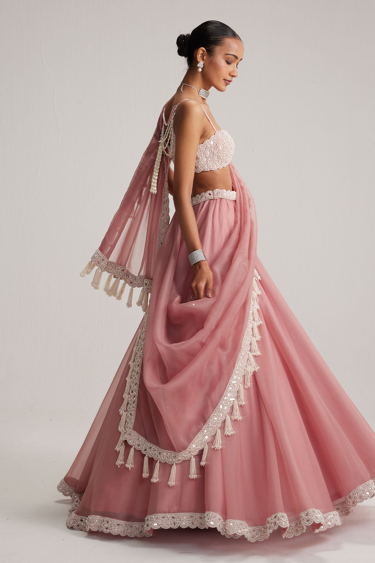Dusty Rose Organza mirror and pearl lehenga set