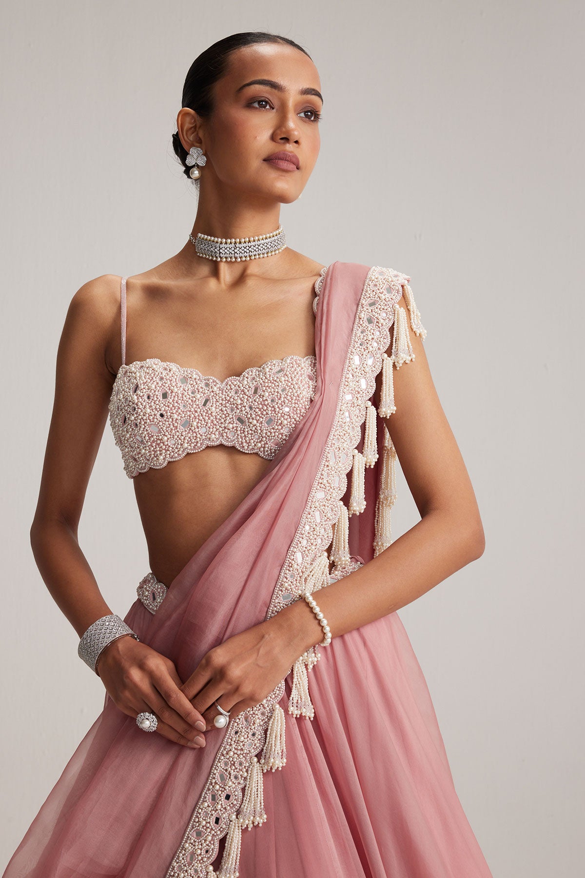 Dusty Rose Organza mirror and pearl lehenga set