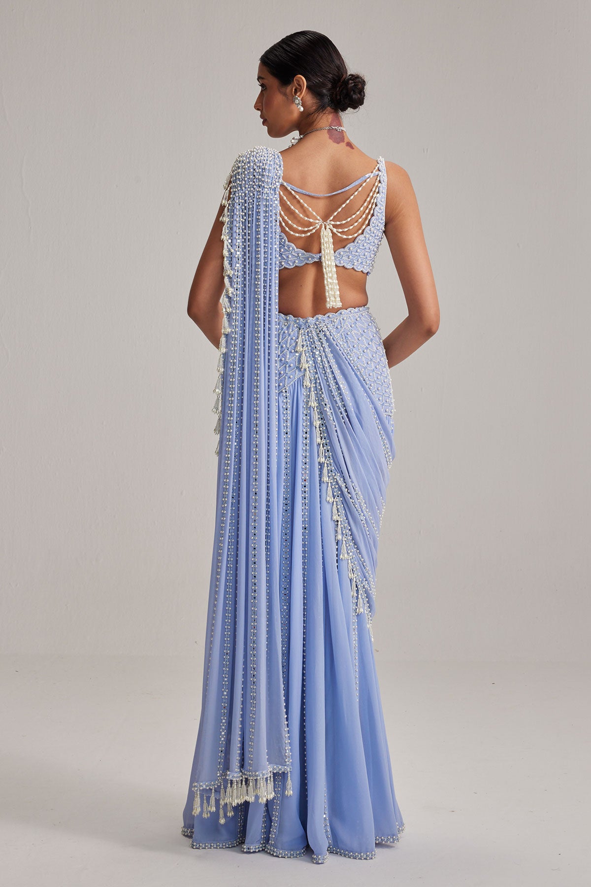 Dew Blue Linear Mirror And Pearl Embroidered Draped Saree Set