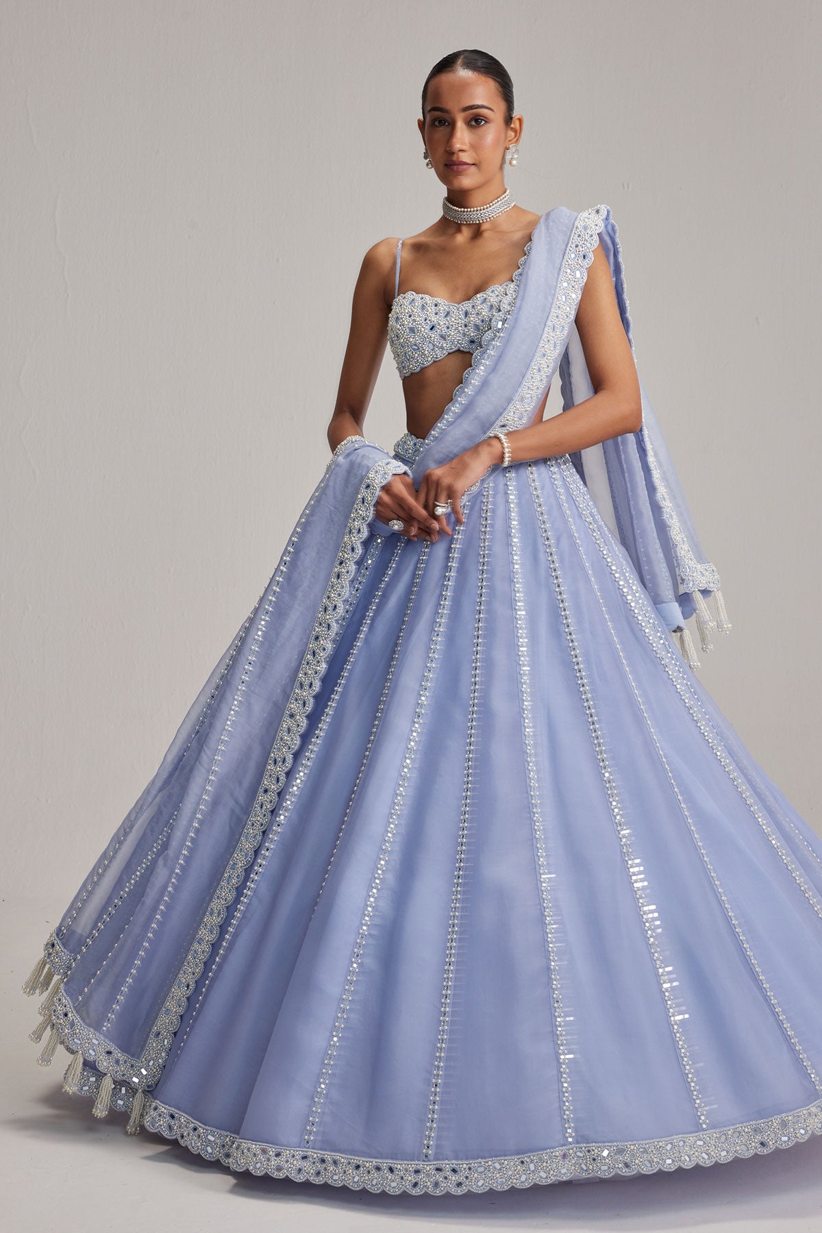 Dew Blue linear Mirror Organza Lehenga Set
