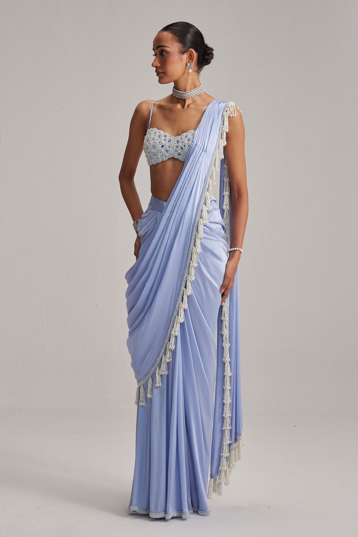 Dew Blue Satin Draped Saree Set