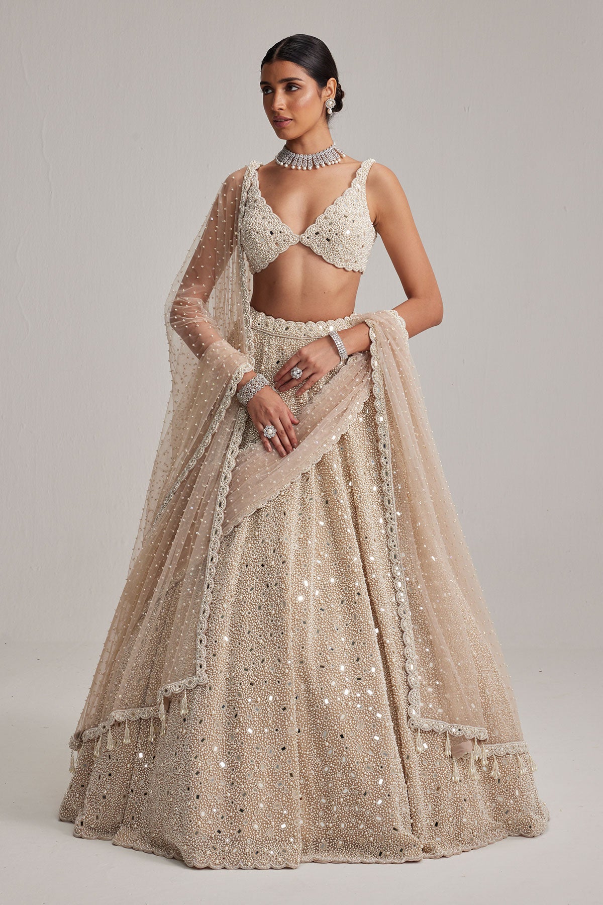 Light Beige Dense mirror and pearl lehenga set With Double Dupatta