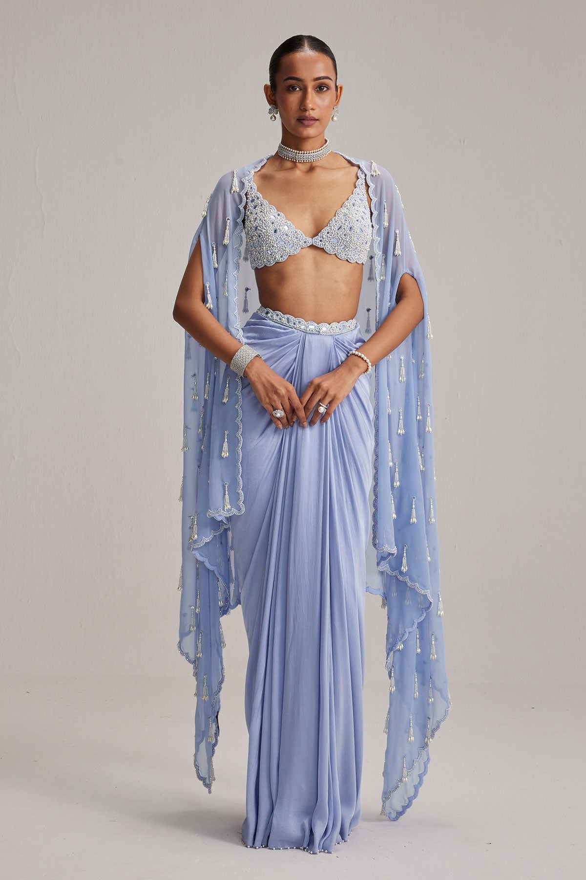 Dew Blue Cape And Satin draped skirt Set