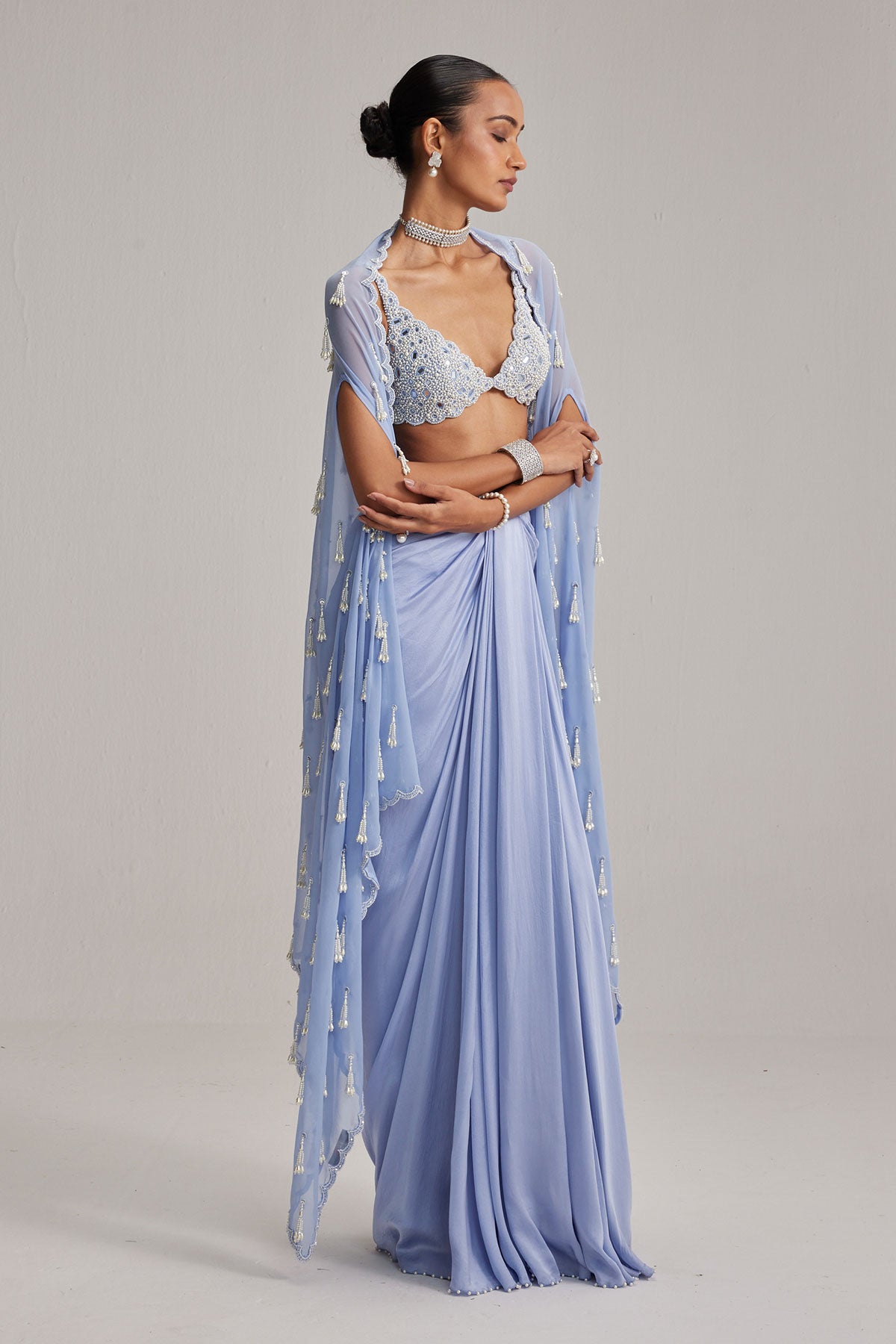Dew Blue Cape And Satin draped skirt Set