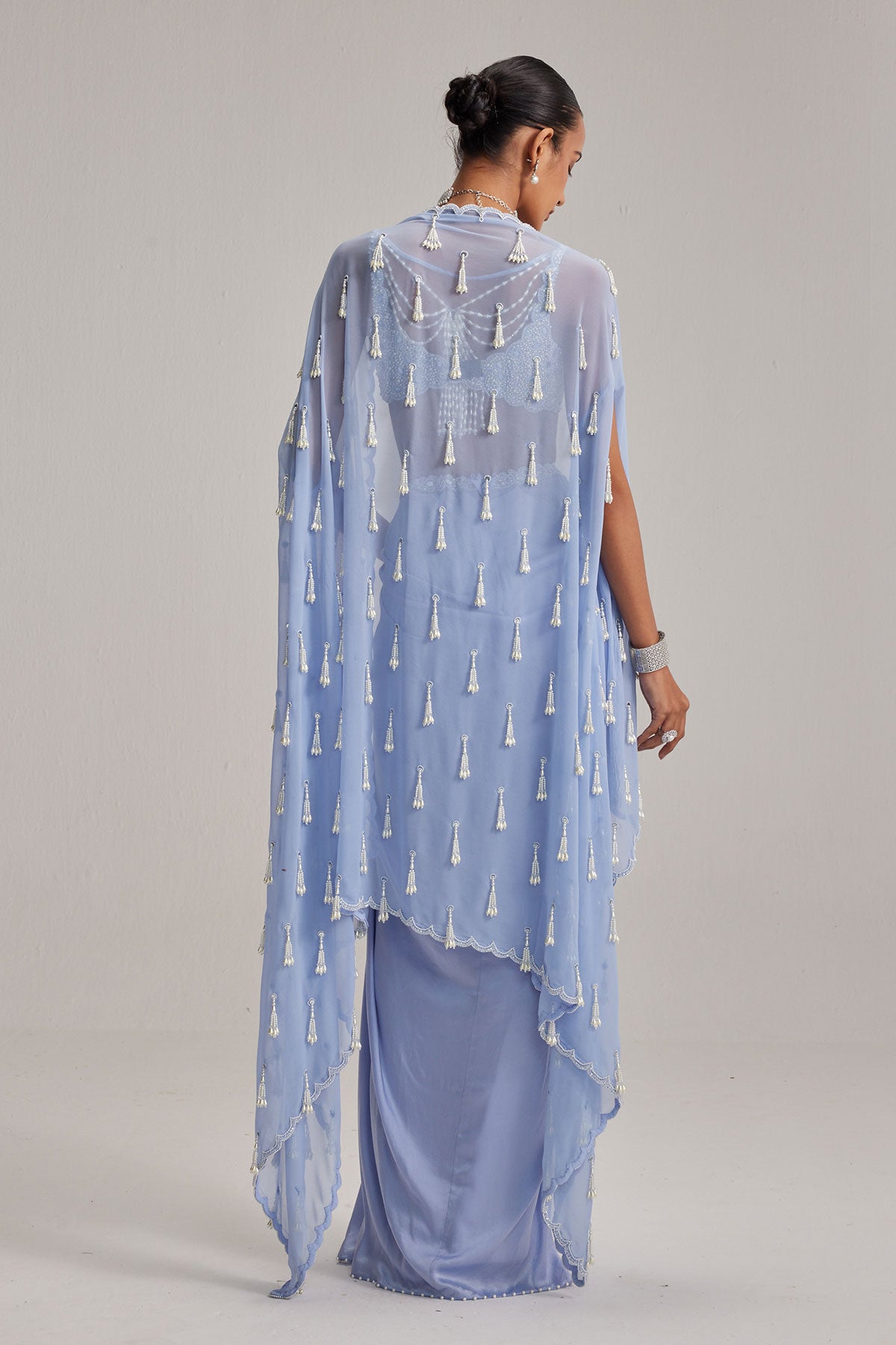 Dew Blue Cape And Satin draped skirt Set