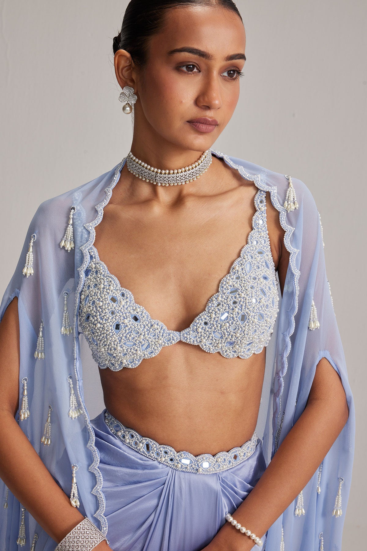 Dew Blue Cape And Satin draped skirt Set