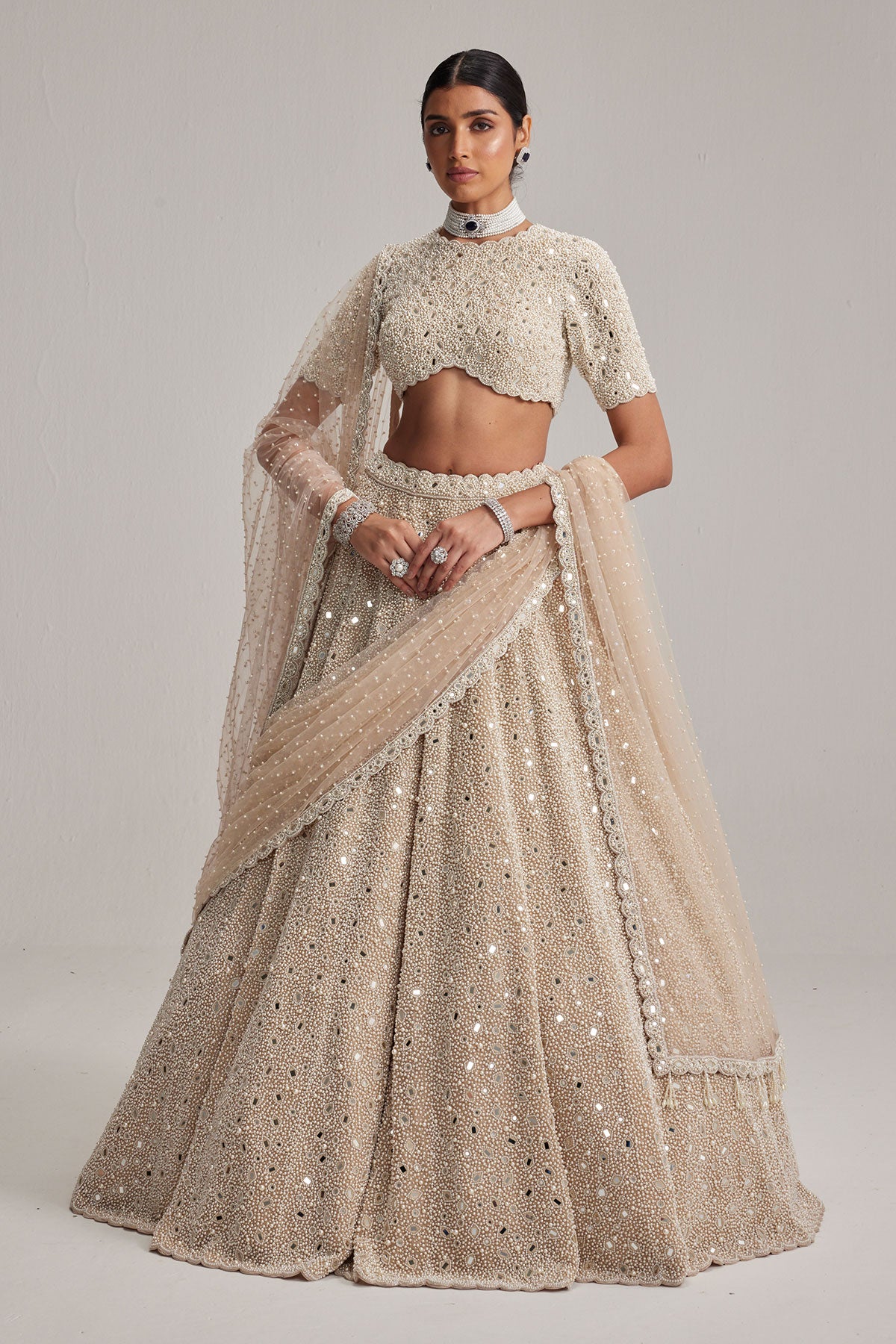 Light Beige Dense Pearl and mirror Lehenga Set with High Neck Blouse, Double Dupatta and Veil