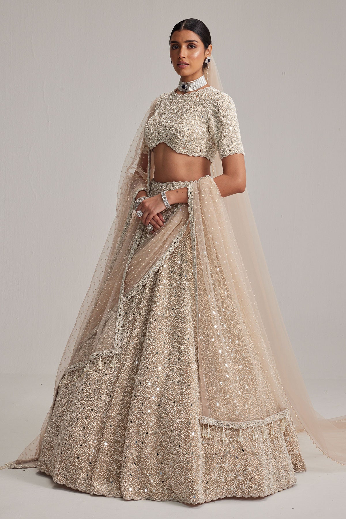 Light Beige Dense Pearl and mirror Lehenga Set with High Neck Blouse, Double Dupatta and Veil