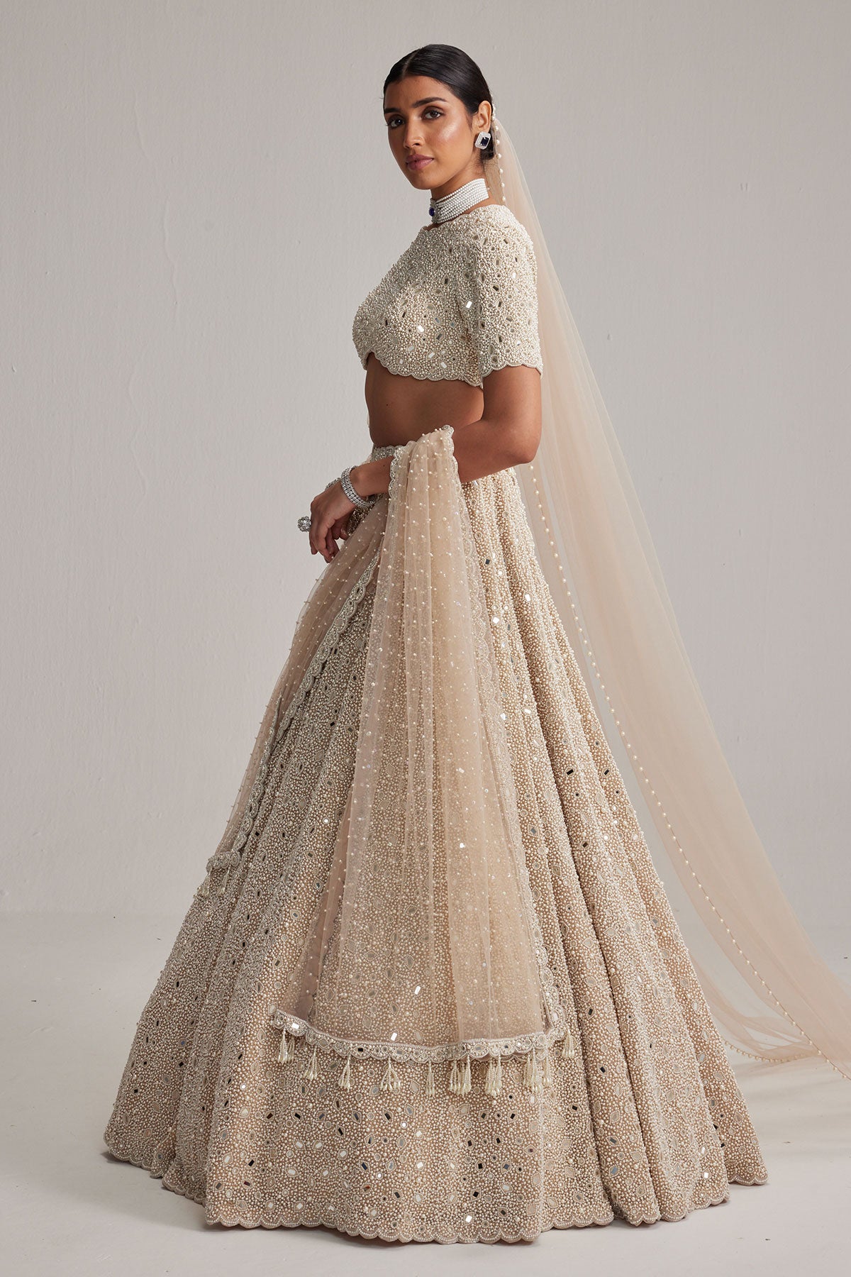 Light Beige Dense Pearl and mirror Lehenga Set with High Neck Blouse, Double Dupatta and Veil