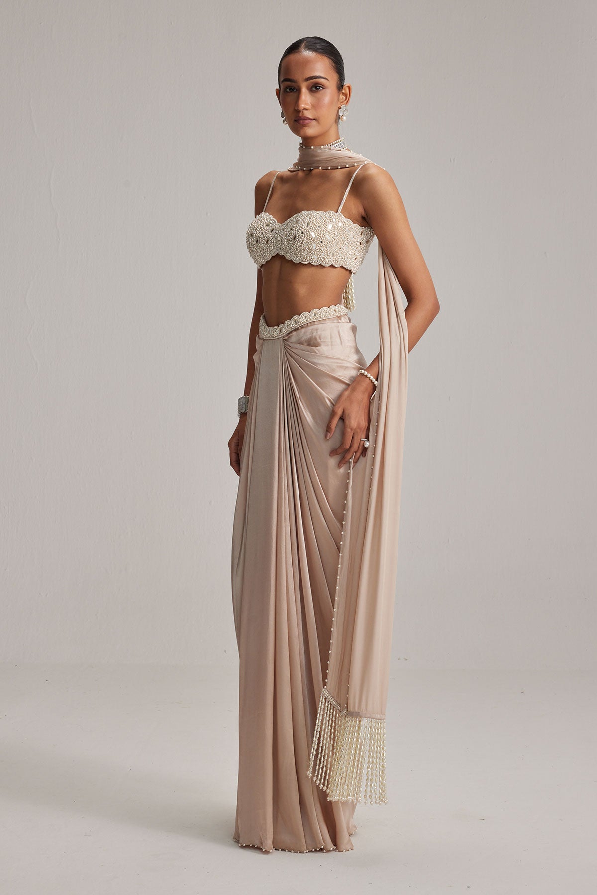 Light Beige Satin draped skirt set