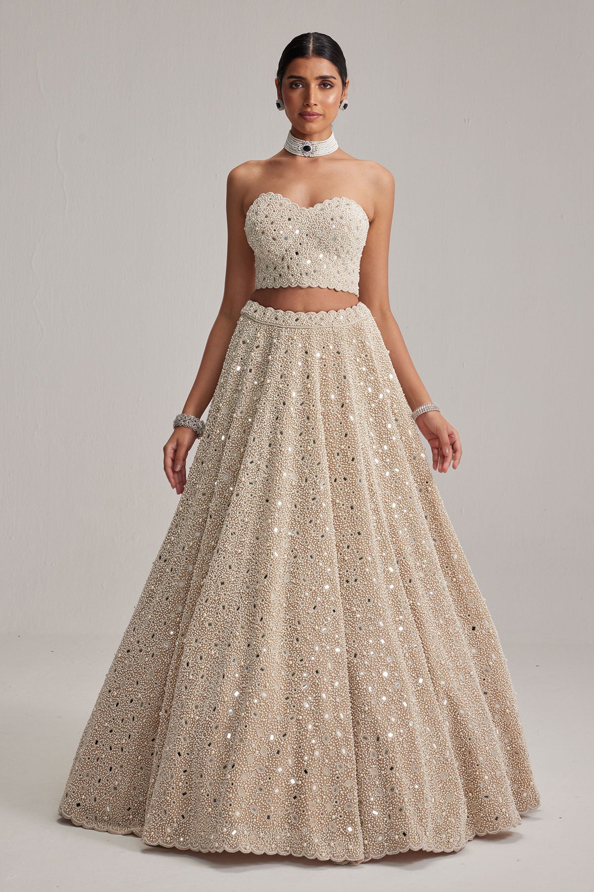 Light Beige Dense mirror and pearl Corset lehenga set