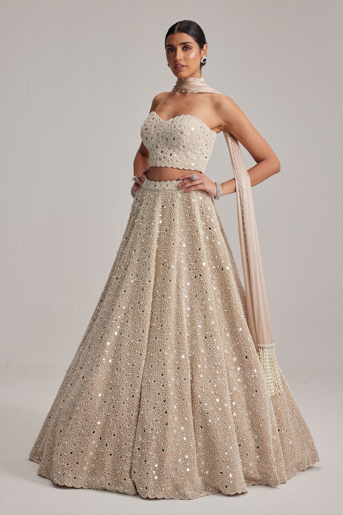 Light Beige mirror and pearl Corset lehenga set With Stole
