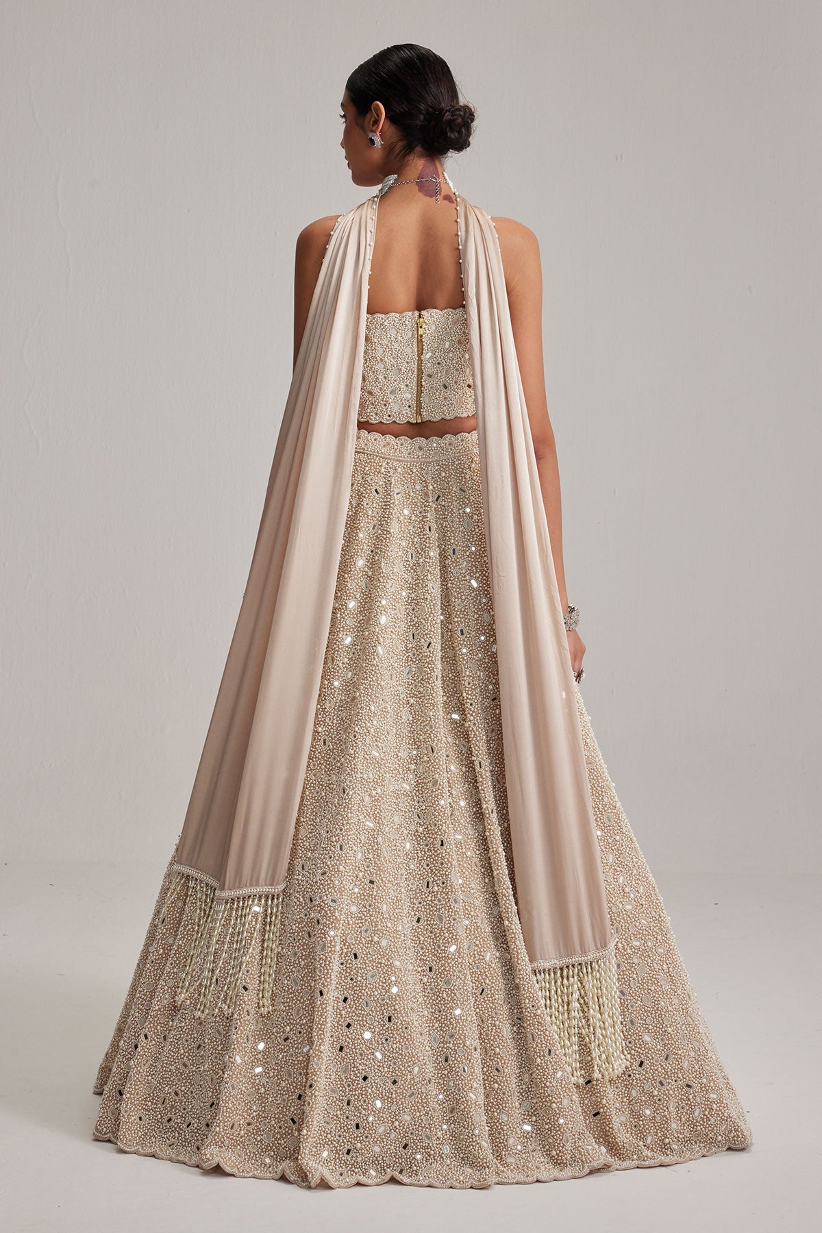 Light Beige mirror and pearl Corset lehenga set With Stole