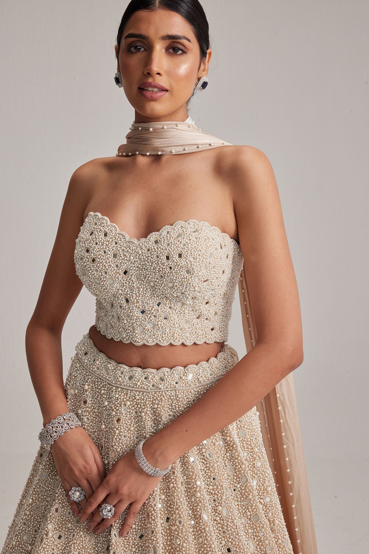 Light Beige mirror and pearl Corset lehenga set With Stole