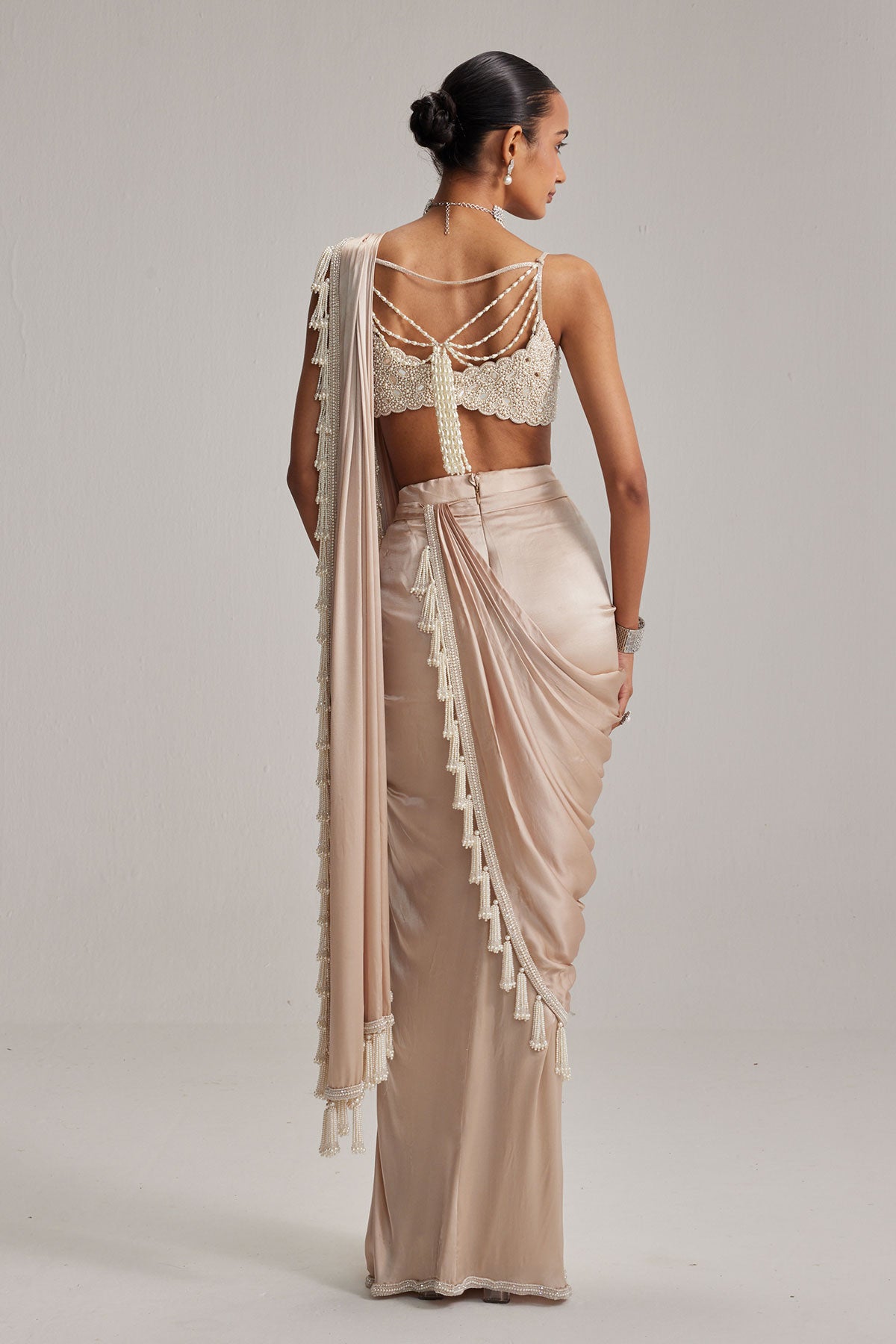 Light Beige mirror and pearl Satin Draped Saree set