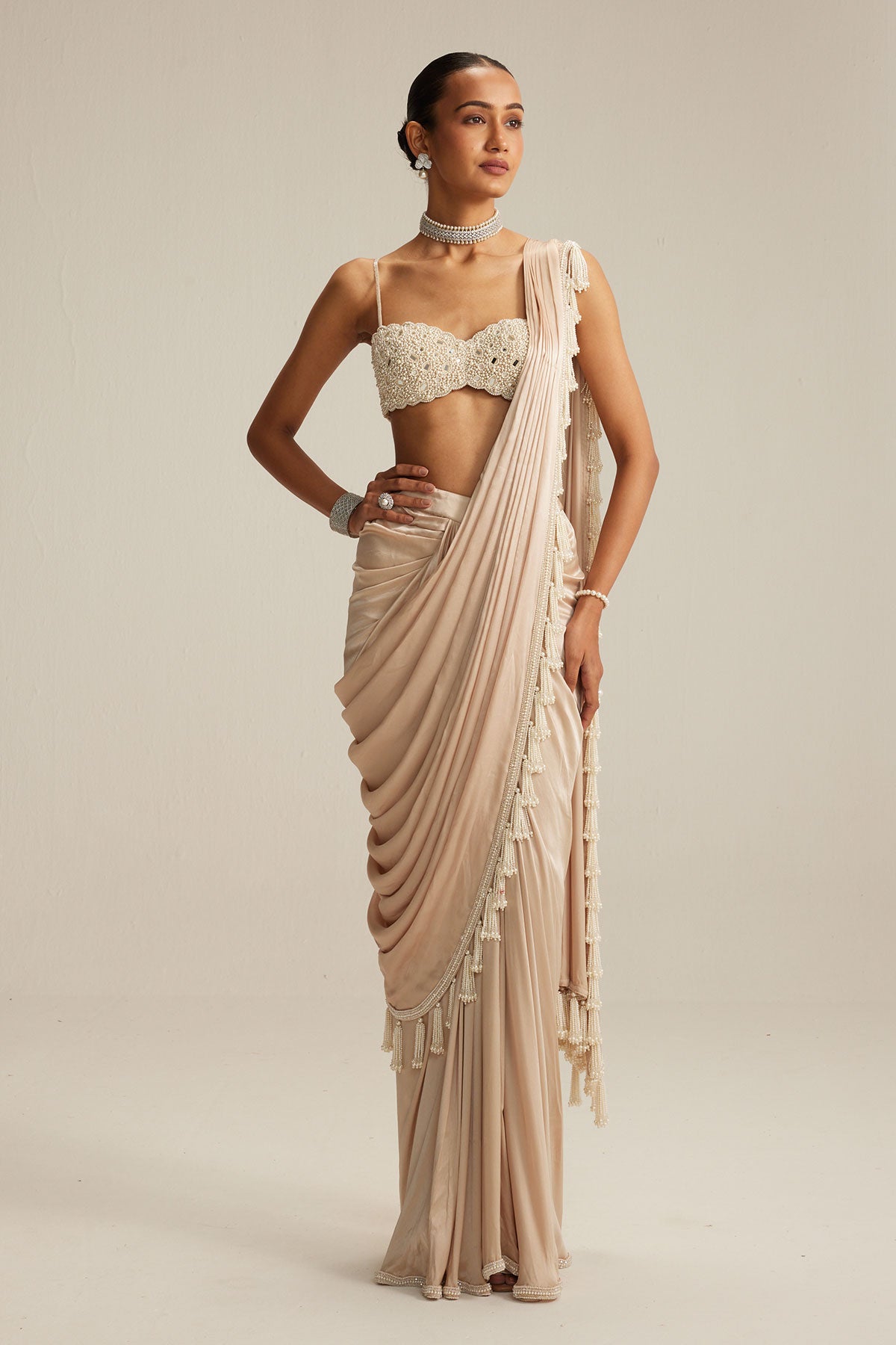 Light Beige mirror and pearl Satin Draped Saree set